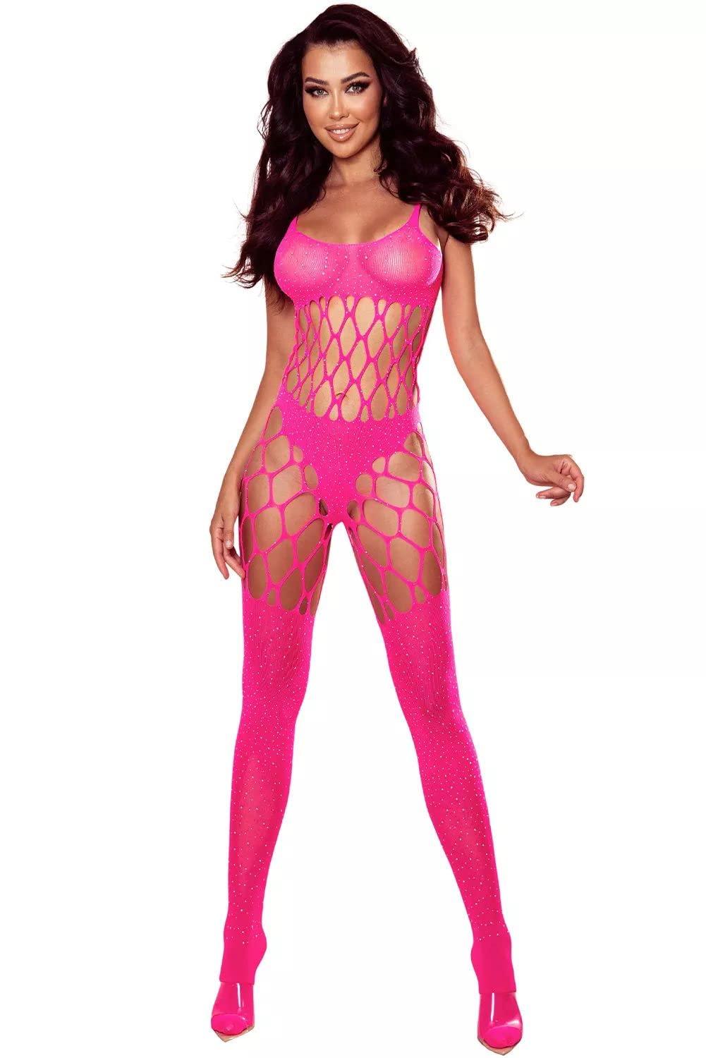 EROSPA EROSPA Net Bodystocking - Sleeveless - Rhinestone Hollow Out Sleeveless - Women's - Pink - Catsuit S-L One Size, pink, Small-Large