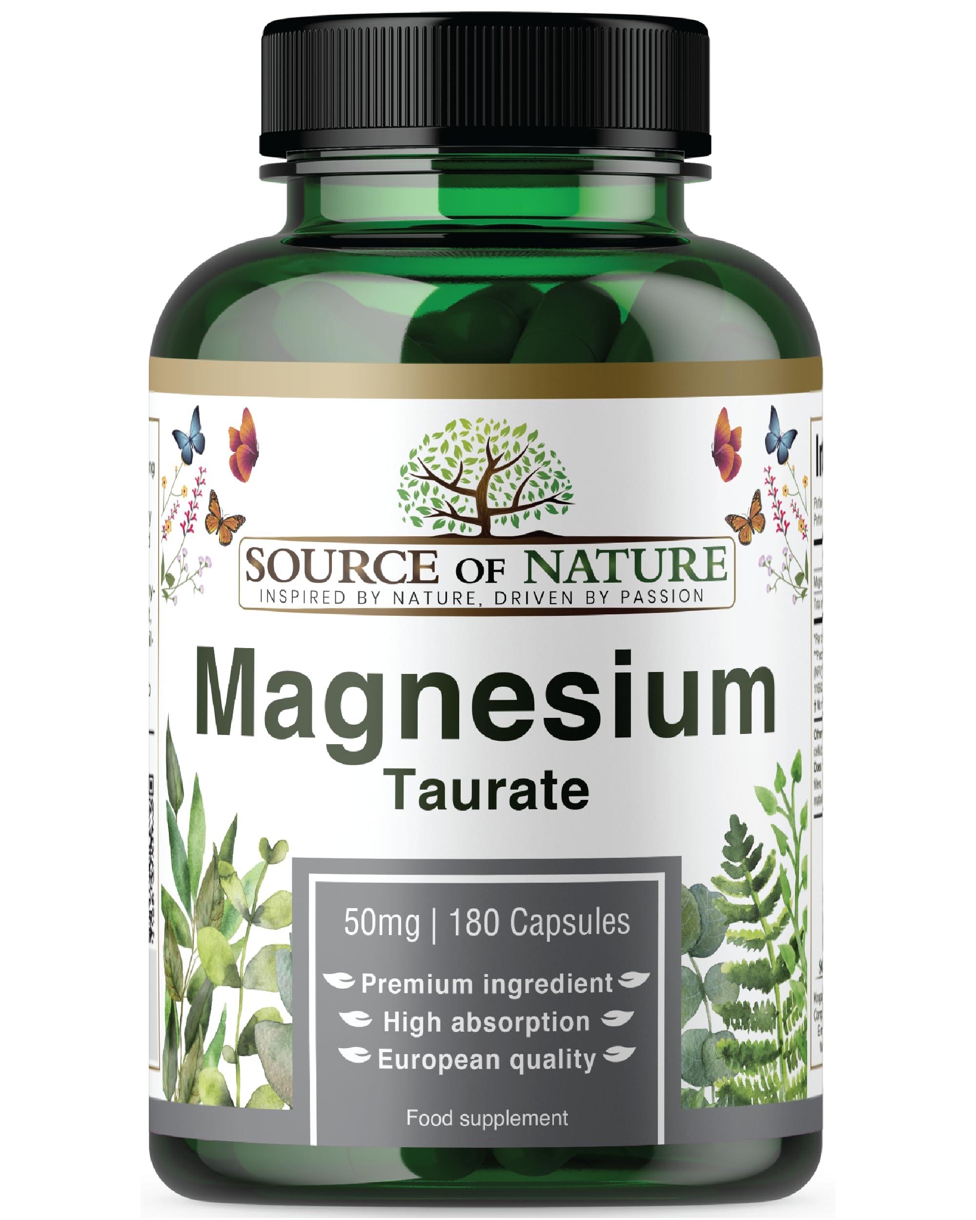 Source of Nature Source of Nature | Magnesium Taurate 625mg | 180 Capsules | 45-Day Supply | 50mg Elemental | High Bioavailability | Easy on The Stomach | Laboratory Tested