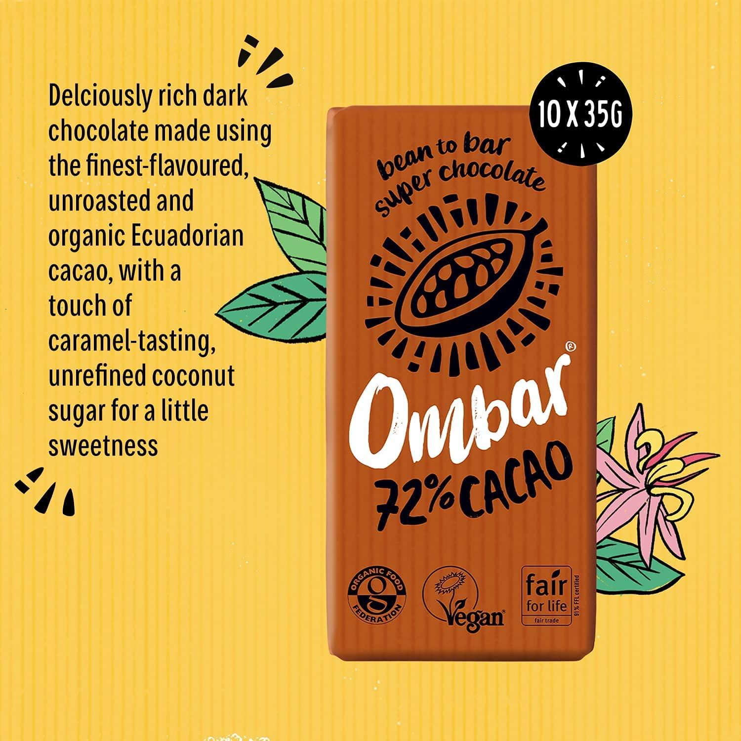 OMBAR Vegan Chocolate Bar - Ombar 72% Dark Chocolate (35g x 10 bars) - Organic Fair Trade Chocolate - Dairy and Gluten Free - Raw Cacao