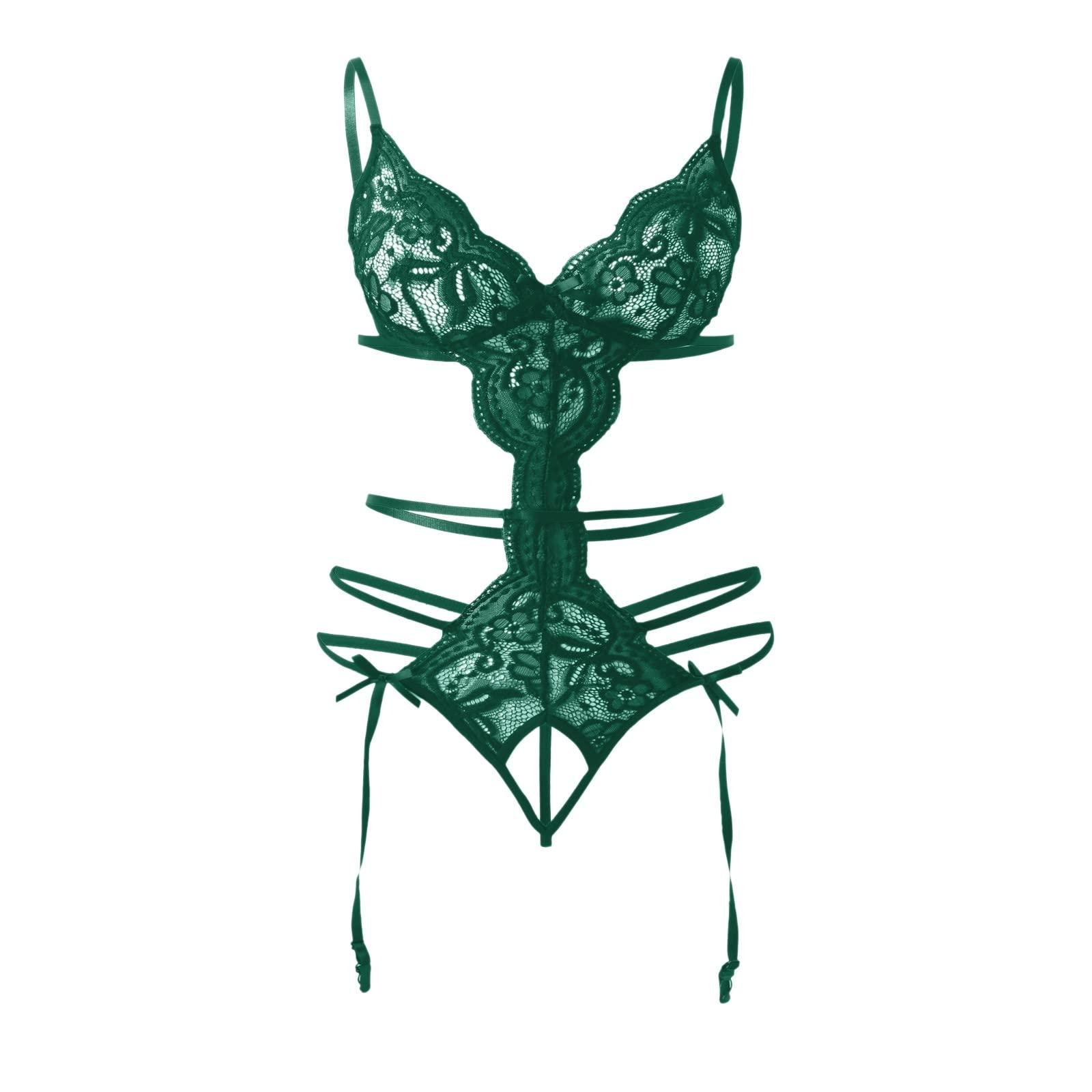 FGUUTYM FGUUTYM Lingerie Crotch Open Set Women's Lingerie with Press Stud Fastening, Sexy Lace Bodysuit with Deep V, Teddy Lace, Push-Up Bodysuit Lingerie Women's Lingerie, Green, L