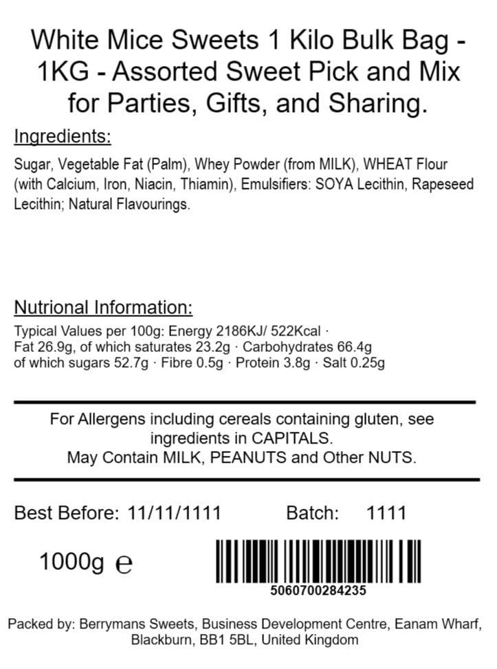 Berrymans White Mice Sweets - 1 Kilo Bulk Bag - 1KG - Assorted Sweet Pick and Mix for Parties, Gifts, and Sharing.