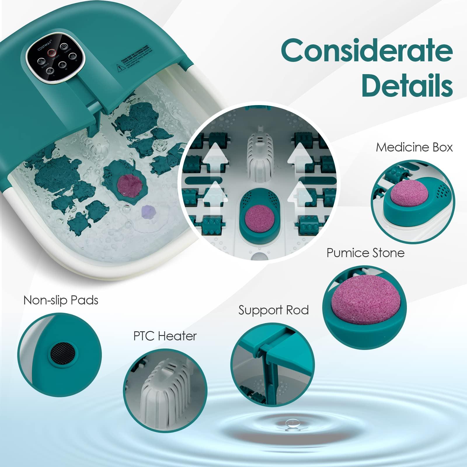 COSTWAY COSTWAY Foot Spa Bath Massager, Folding Electric Pedicure Footbath with Heat Bubbles, Timer, Adjustable Temperature, Pumice Stone and Massage Rollers, Home Foot Soaking Tub for Relief (Teal Blue)