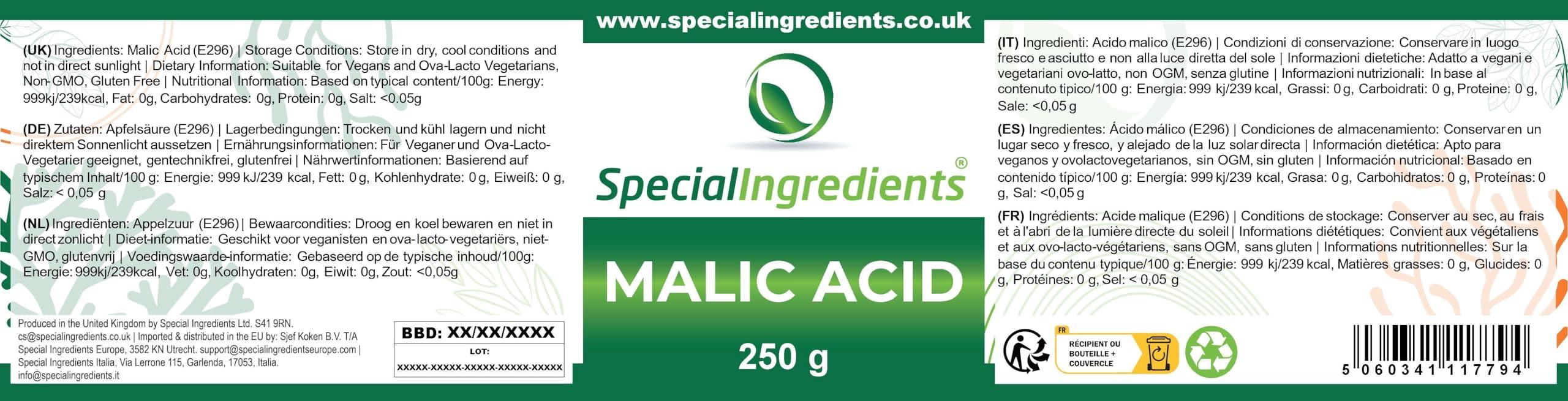 SPECIAL INGREDIENTS Malic Acid Powder 250g Premium Quality Natural Origin - Vegan, Non-GMO - Recyclable Container