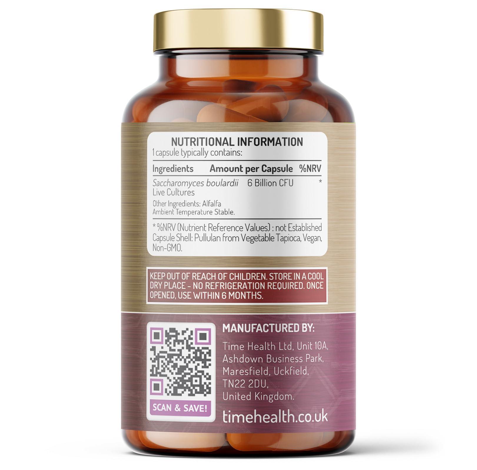 Time Health New: Saccharomyces Boulardii Probiotic 6 Billion CFU 120 Capsules Travel Ready S Boulardii (No Refrigeration Required) Proven to Reach The Gut Alive Vegan GMP UK Supplement