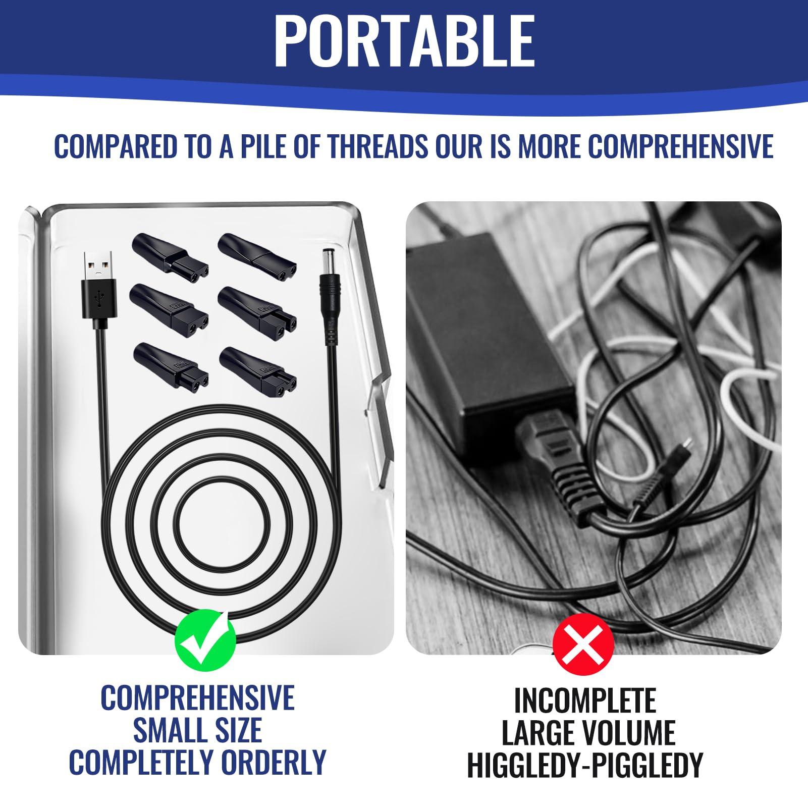 FreshCart Basics Shaver Charger Cable Kit Electric Razor USB Replacement Power Lead with 6 Charging Cord Heads One Blade Beard Trimmer Adapter Cord Compatible with Philips, Whal Clipper, Kemei, Babybliss and More