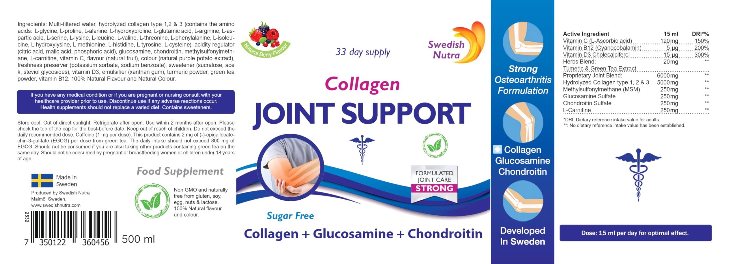 Swedish Nutra Swedish Nutra - Joint Support Collagen - Pack of 500ml, 33 Day Supply | Berry Flavour | with Glucosamine & MSM | 100% Natural Flavour, Sugar & Gluten Free | High Absorption Rate