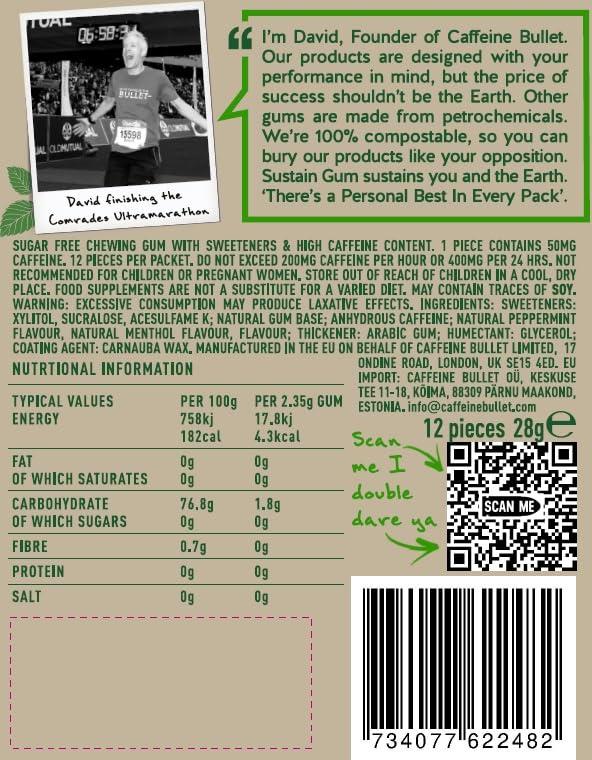 Caffeine Bullet Sustain Caffeine Gum - Natural Mint Energy. 72 Pieces, 50 mg each - Biodegradable, Sugar-Free, Contains Xylitol, Plant-Based & Plastic Free with No Aspartame - 6 Packets