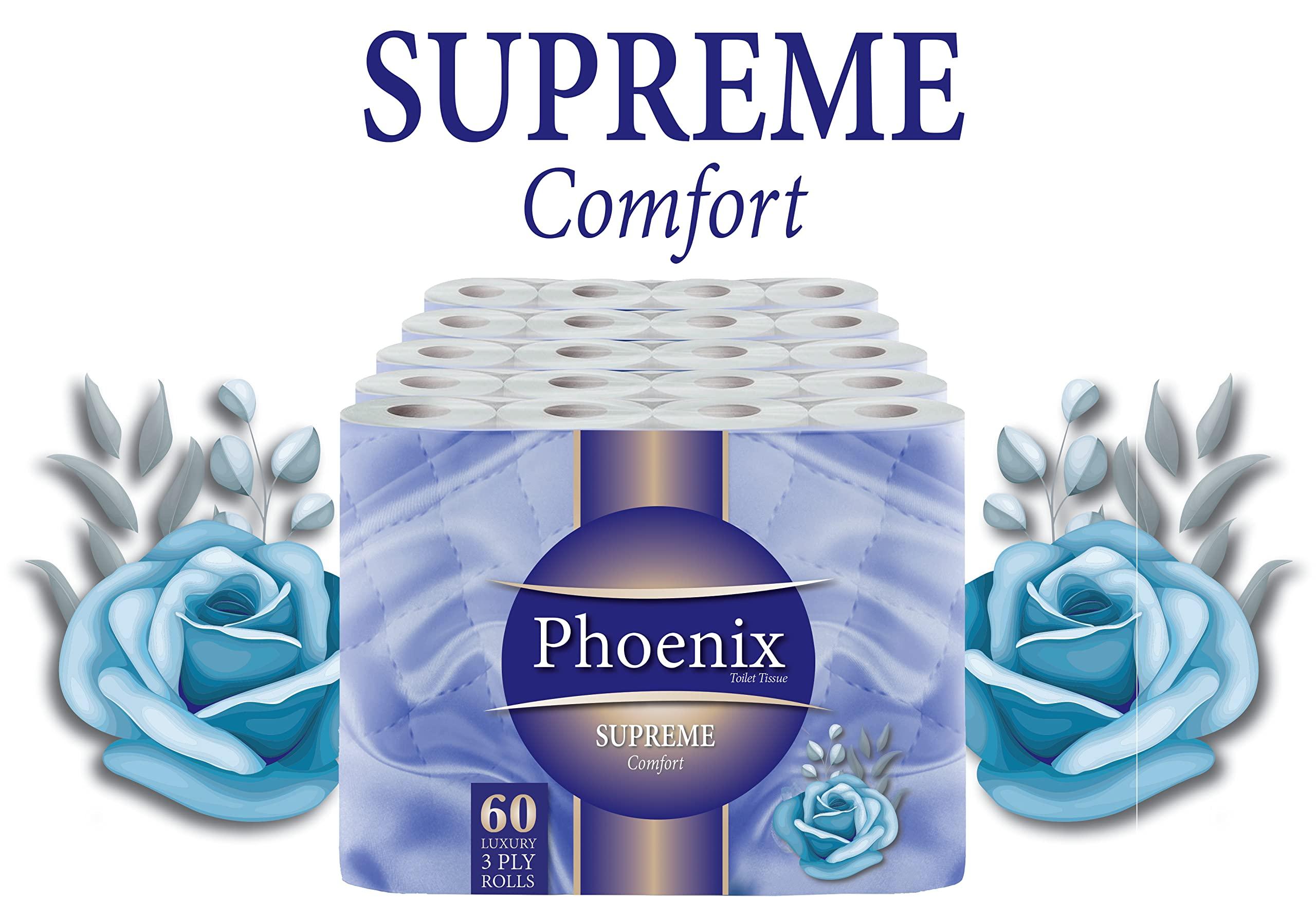 Phoenix 60 Phoenix Soft Supreme Luxury Toilet Rolls Bulk Buy - Quilted White 3 Ply Toilet Paper - Pack of 60 Toilet Tissue (12 x 5 Packs)