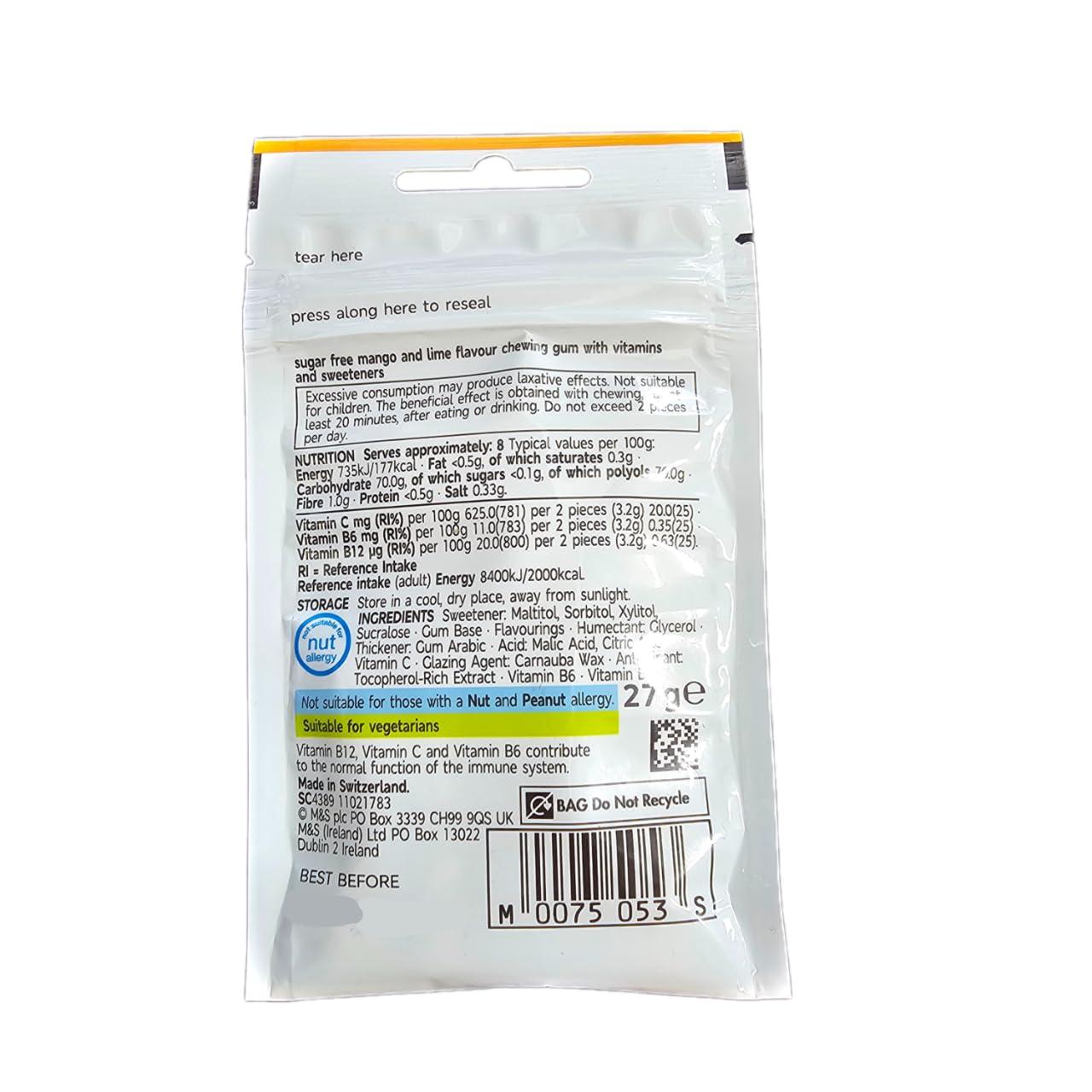 Generic M&S Vitamin Boosted Gum - Sugar Free Mango & Lime Gum with Vitamin B6, B12, C - 27g (3 Pack)