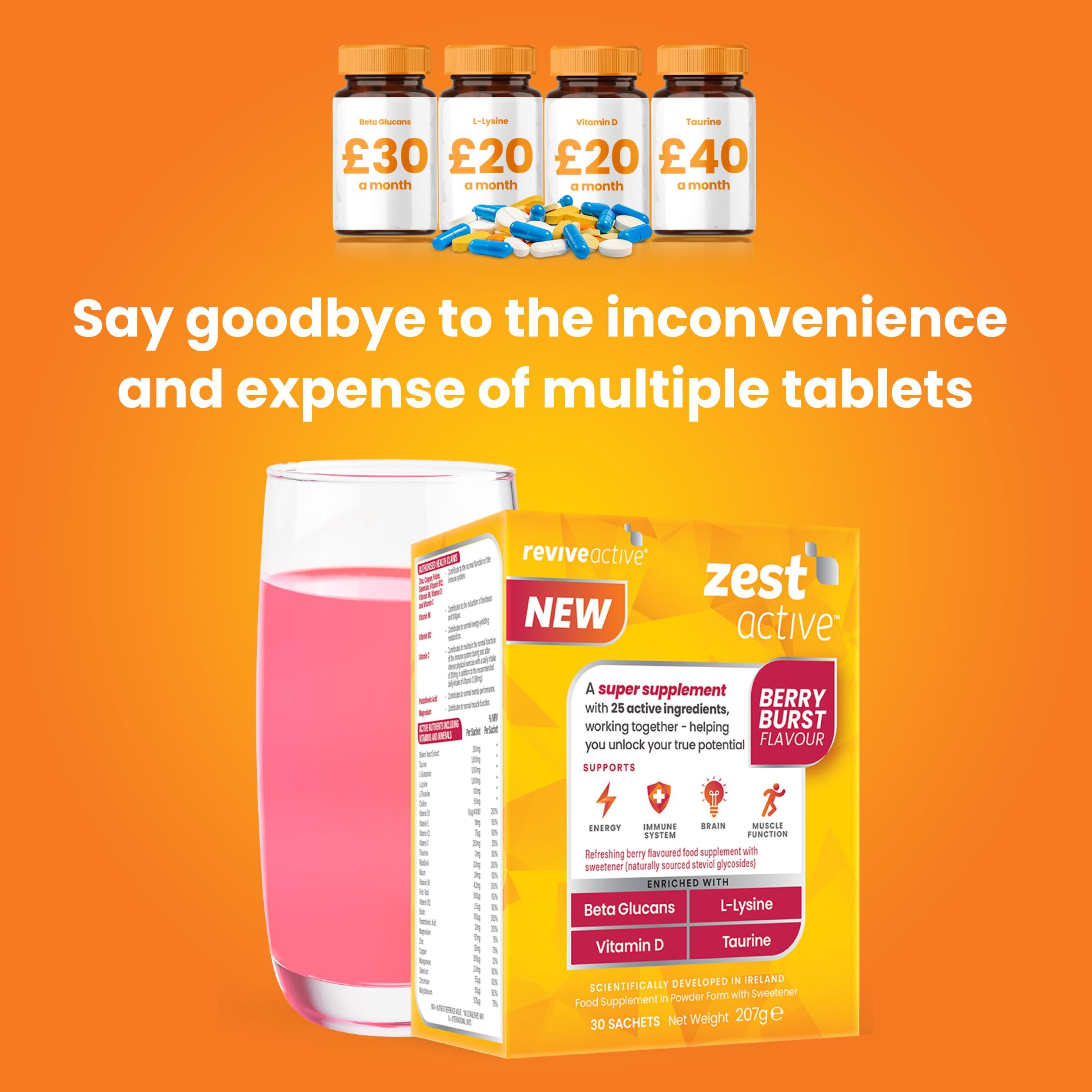 Revive Active Zest Active Super Supplement by Revive Active - Advanced 25 Ingredients in One Daily Sachet - Everyday Boost Supports Energy, Immune System, Brain & Muscle Function - 30 Day Supply