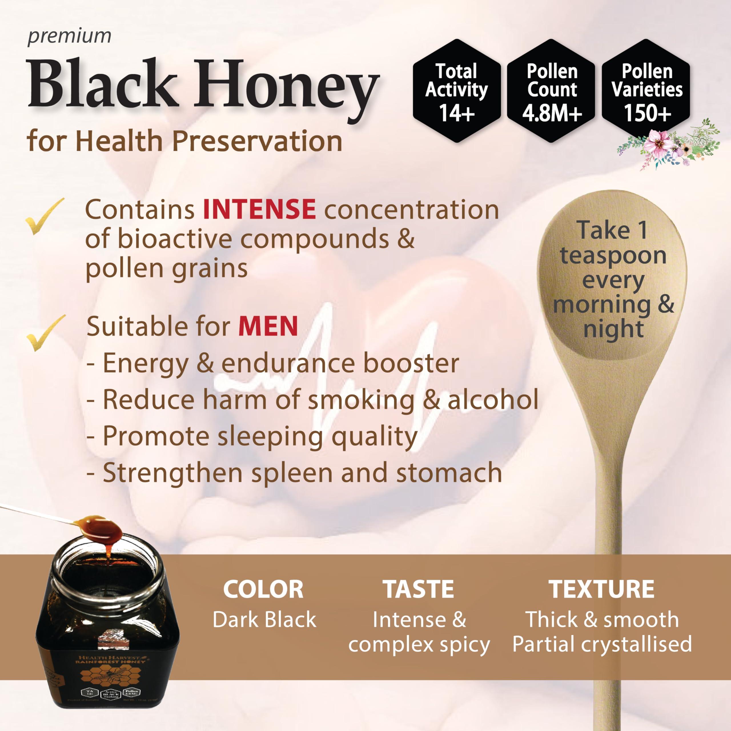 Health Harvest Premium Tualang Black Honey 375g (TA 14+, Pollen Count 4.8M+, Pollen Variety 150+) Intense Choice for Men Preservation, Wild-ripening on 250ft Treetop, Raw, Unpasteurised, Unfiltered