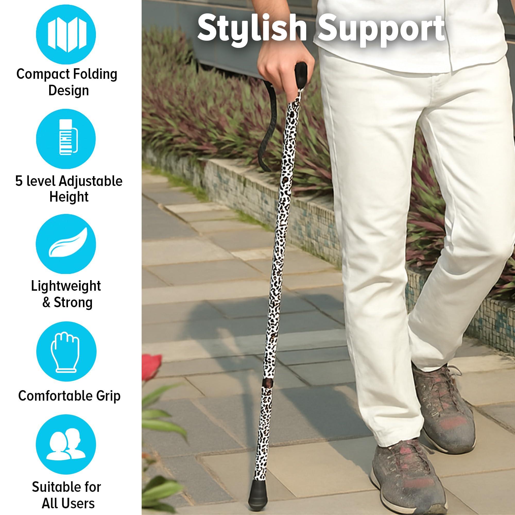 LIFE Life Healthcare Walking Stick for Women, for Elderly Or Disabled, Folding Adjustable Height, Right Or Left Handed, Non-Slip Rubber Tip, Wrist Strap, Lightweight (Black Leopard)
