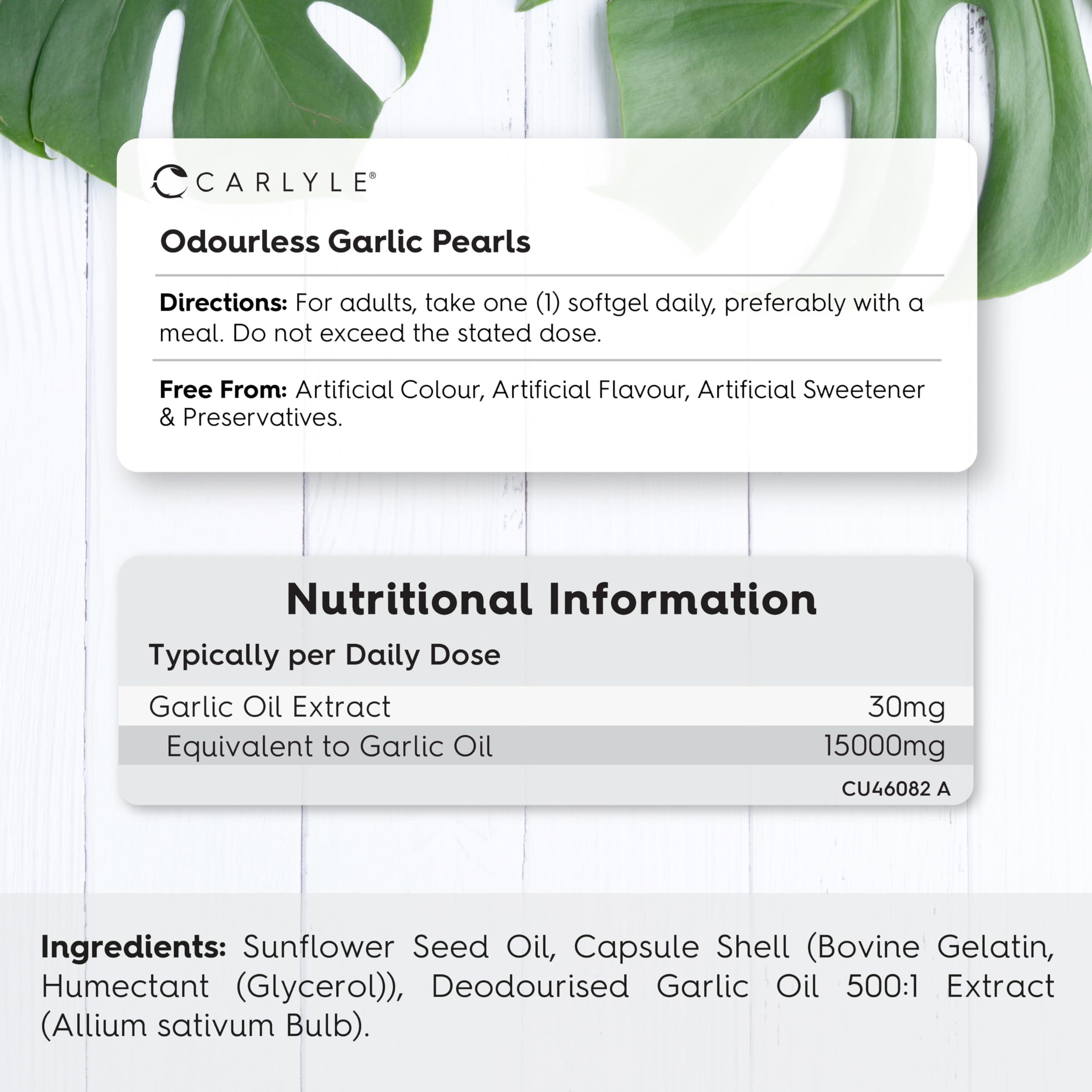 Carlyle Odourless Garlic Capsules 15,000mg | 365 Count (1 Year Supply) | High Strength Garlic Oil Pearls with Allicin | No Artificial Preservatives | by Carlyle