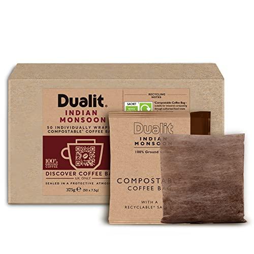 Dualit 50 Premium Indian Monsoon Coffee Bags by Dualit - Compostable Coffee Bag with Recyclable Sachet For Easy, Mess Free Coffee On The Go - Individually Wrapped for Freshness - Indian Monsoon