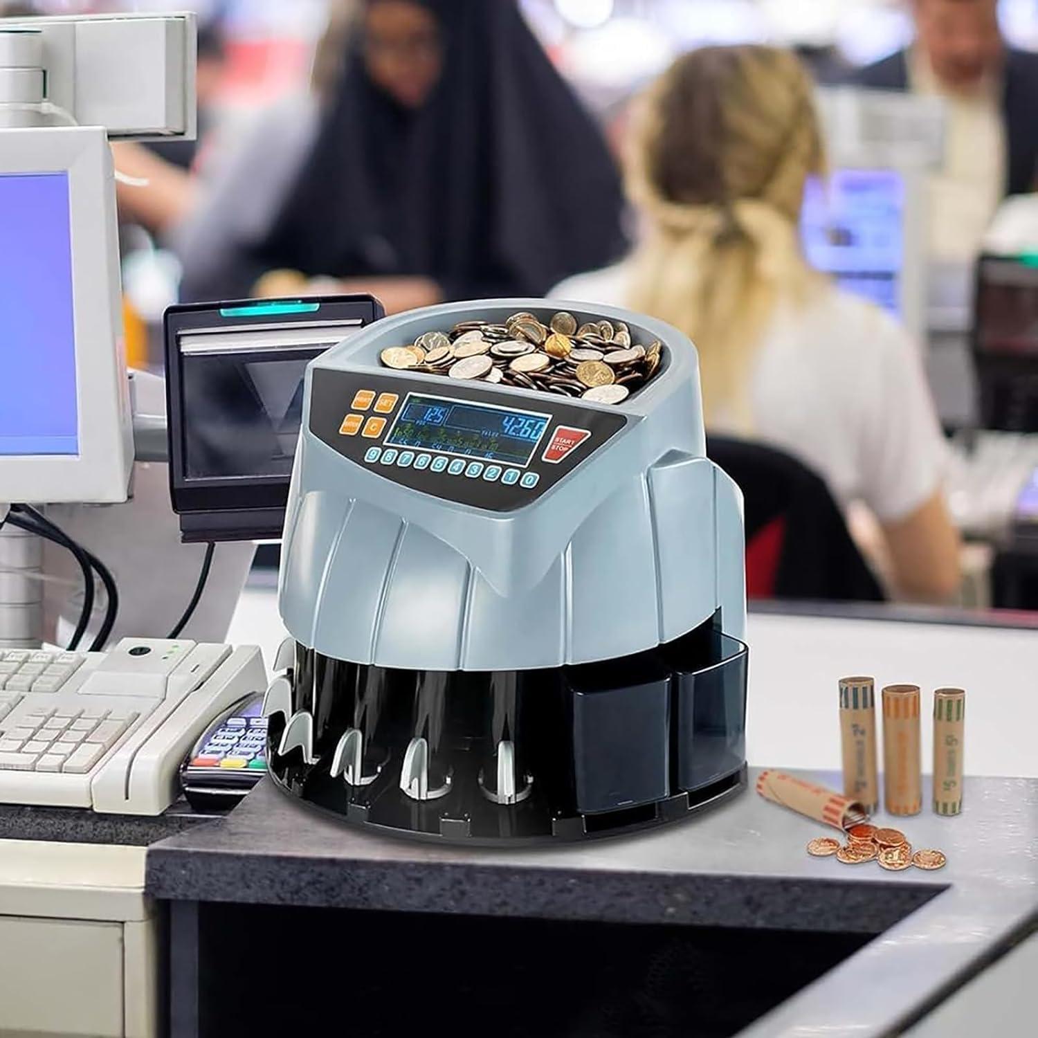 HENLYEN Commercial Coin Counter Machine, Electric Coin Sorter with LED Display, 8 Coin Bins, 216 Units/min and Supports Counting and Sorting, Add and Batch Mode, for Supermarket, Shop, Home, Business.