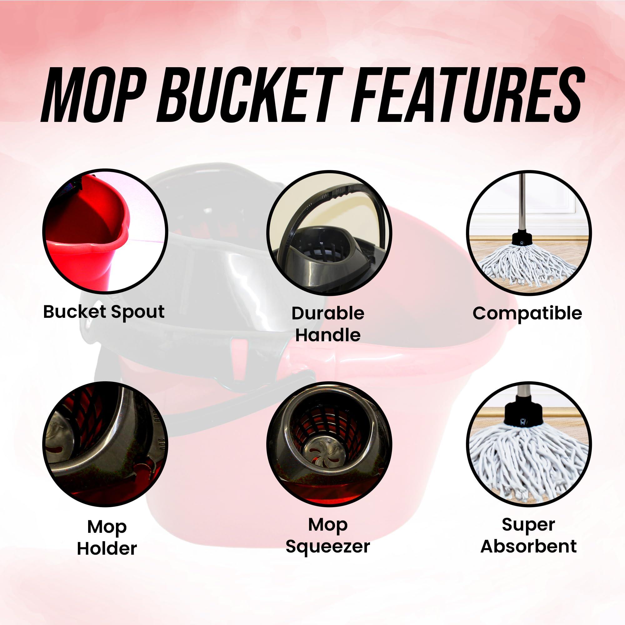 KMJ KMJ Red Mop and Buckets Sets with 2X Mops & Detachable Wringer- Classic Cleaning Plastic Mop and Bucket- Durable Plastic Bucket and Floor Mop Microfibre Mop and Bucket Set