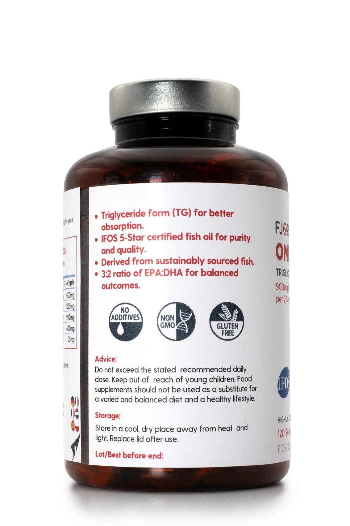 Fjord Labs Omega -3 TG | Triglyceride Form | IFOS Certified | 900mg EPA & 600mg DHA per 2 softgels | 120 softgels