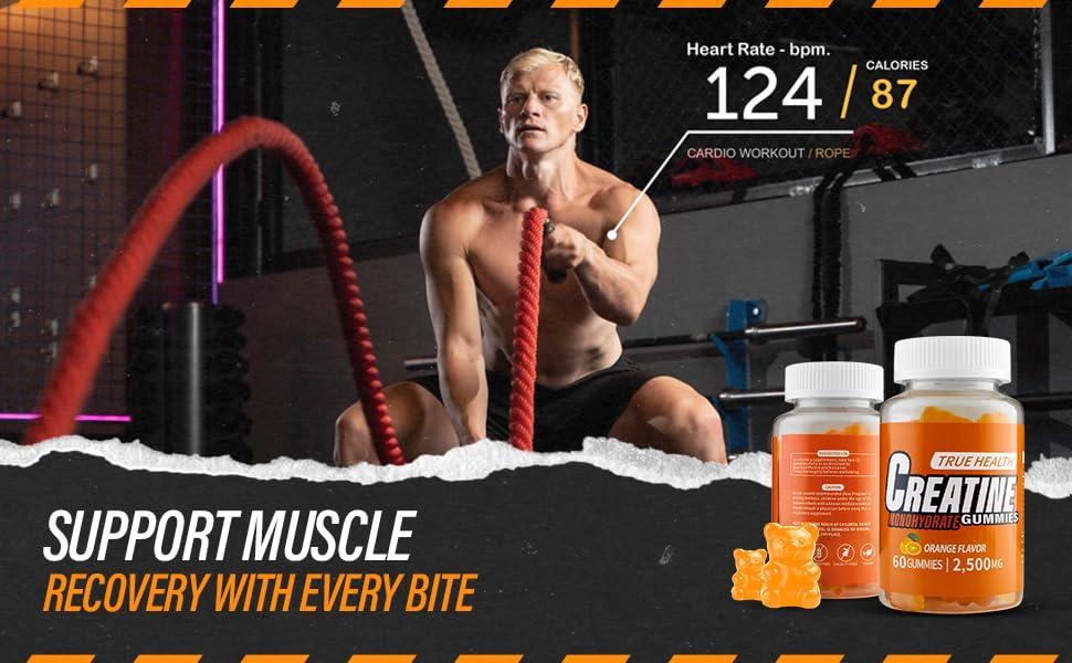 TRUE HEALTH True Health Creatine Monohydrate Gummies - Vegan Muscle Recovery Supplement, Orange Flavor, 60 Count - Easy & Tasty Post-Workout Boost