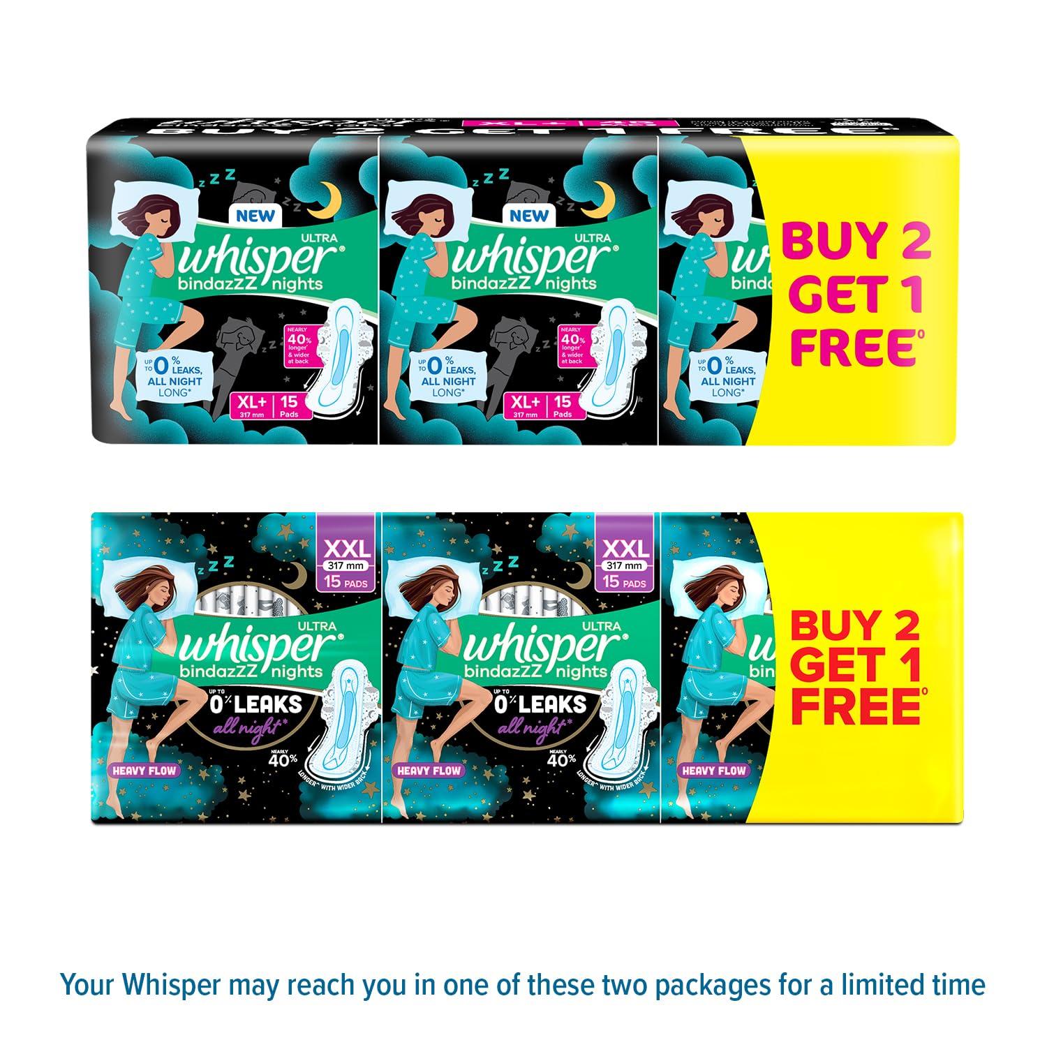 Whisper WHISPER BINDAZZZ NIGHTS SANITARY PADS, 45 XL+ PADS, UPTO 0% LEAKS ALL NIGHT LONG, FOR HEAVY FLOW, 40% LONGER & WIDER BACK, COMFORTABLE CUSHIONY SOFT WINGS, DISPOSABLE WRAPPER