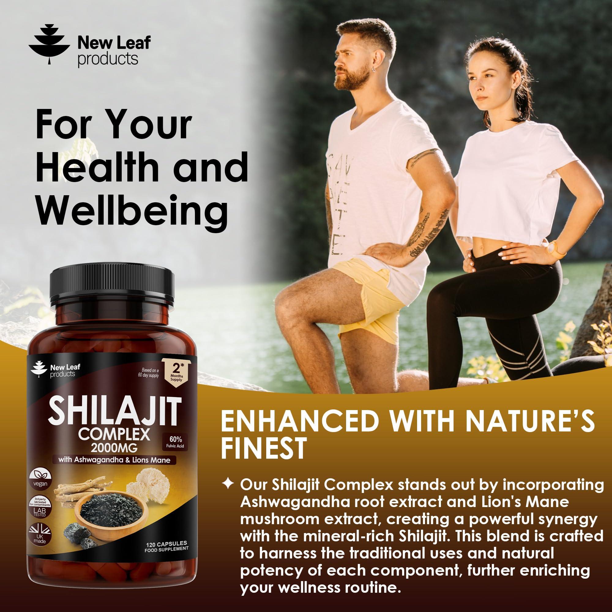 NEW LEAF PRODUCTS Shilajit Complex - Himilayan Shilajit enriched with Ashwagandha & Lions Mane, High Strength 2000mg Shilajit Complex Capsules with 60% Fulvic Acid - 2 Months Supply Made in The UK by New Leaf