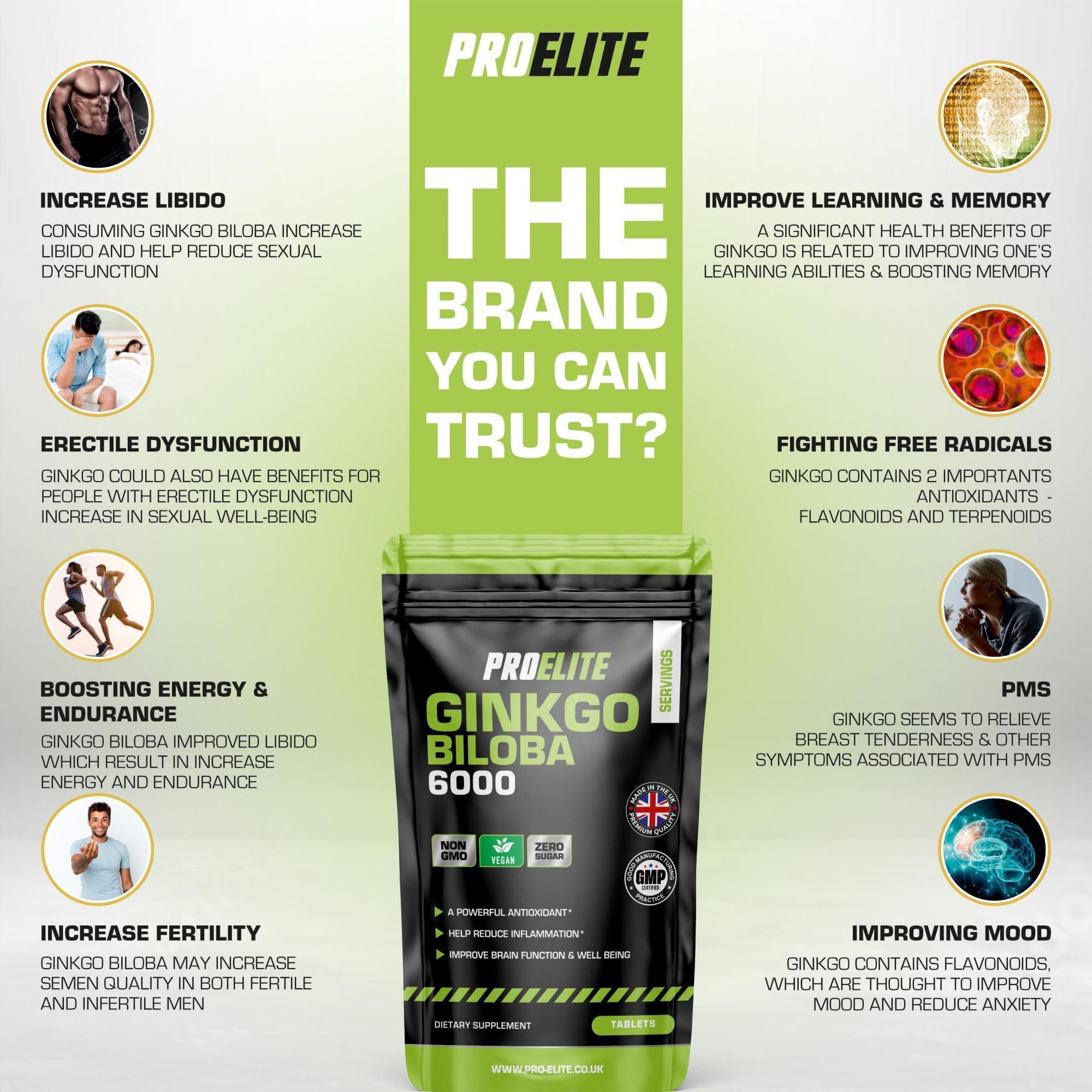 PROELITE Ginkgo Biloba 6000mg - High Strength Vegan Ginkgo Biloba Leaf Extract 180 Tablets 50:1 Extract ? Gluten Free, GMO Free - Made in UK by PROELITE