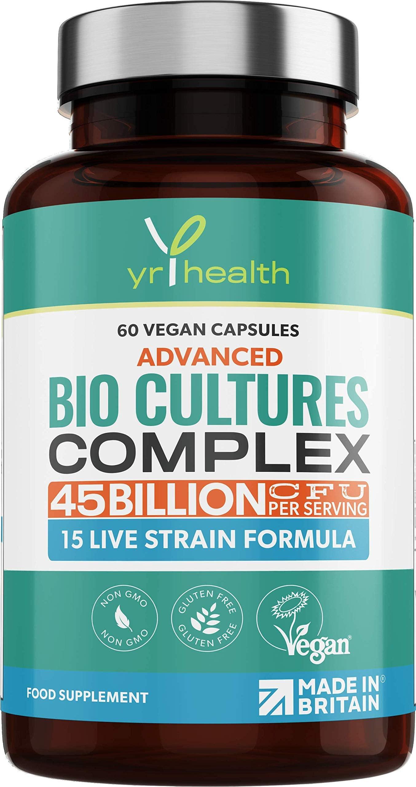 yrhealth Vegan Bio Cultures Complex - 45 Billion CFU, 15 Active Bacteria Strains - Maximum Strength Multi Strain Complex - Probiotics Women Gut Health and Men, 60 Capsules - Made in The UK by YrHealth