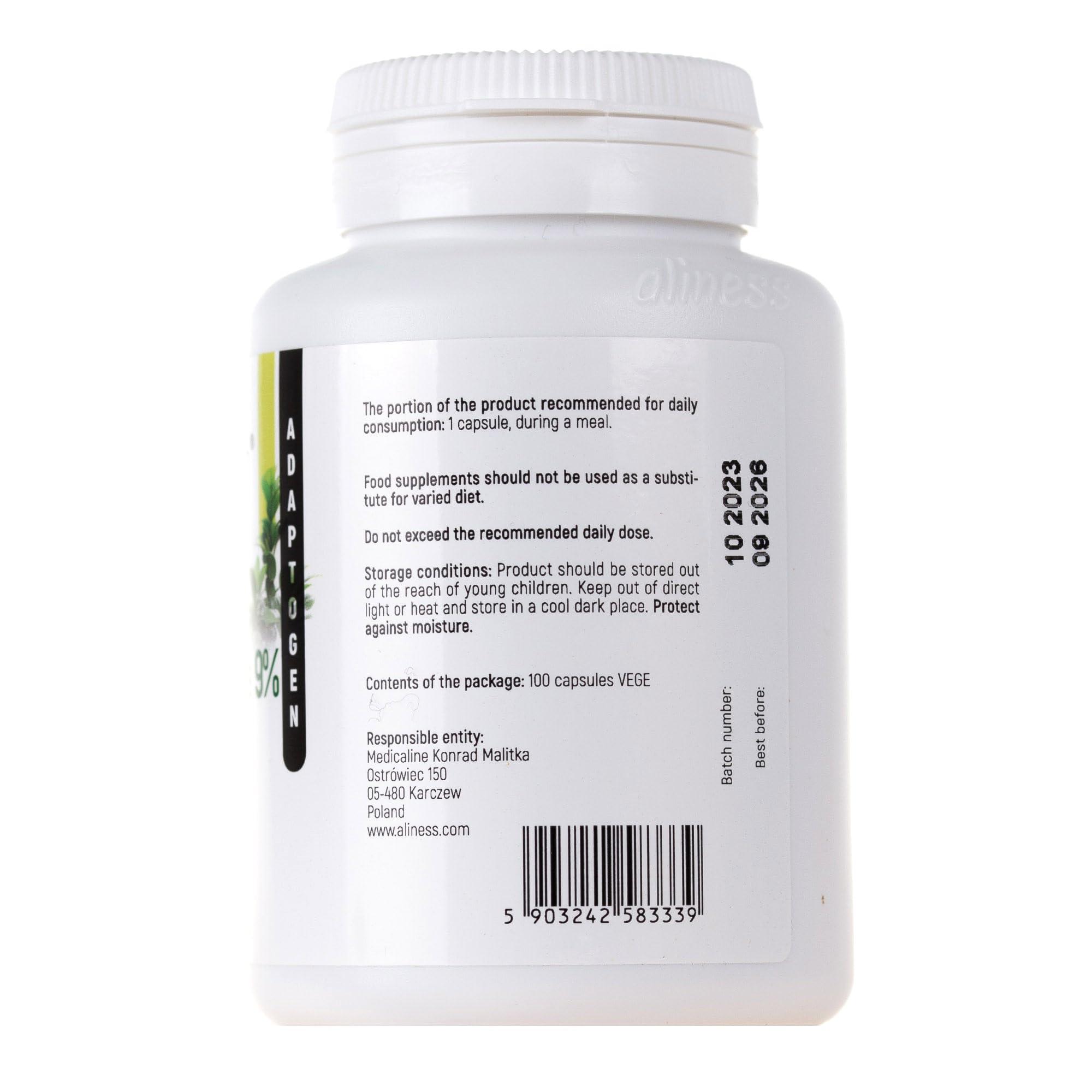 Aliness Aliness Natural Ashwagandha 9%, Withania Somnifera, 100 Vegan Capsules, Adaptogen