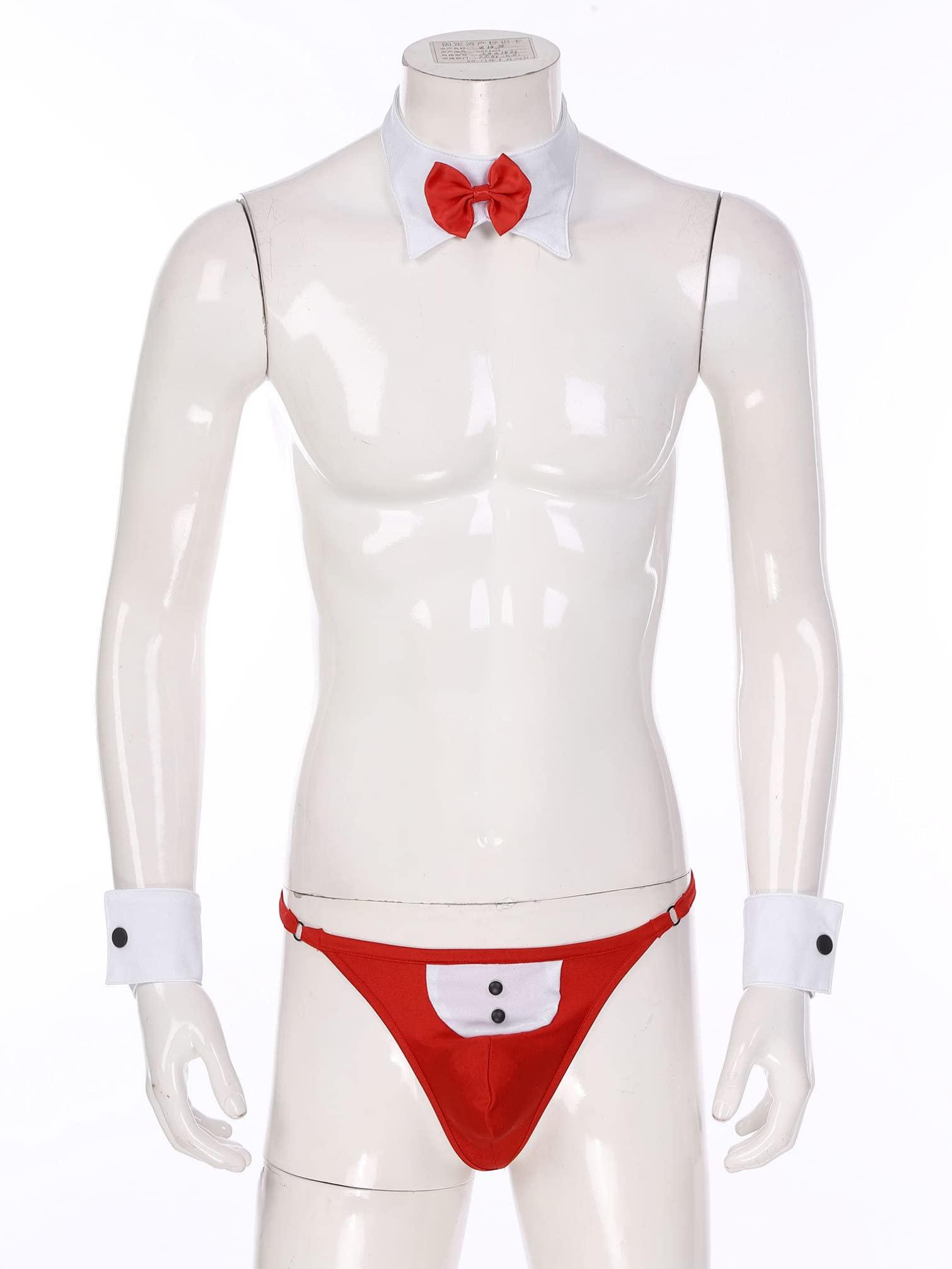 TiaoBug TiaoBug Novelty Sexy Men Waiter Lingerie Tuxedo Tux Stripper Thong G-String Set Costume Outfits Red M