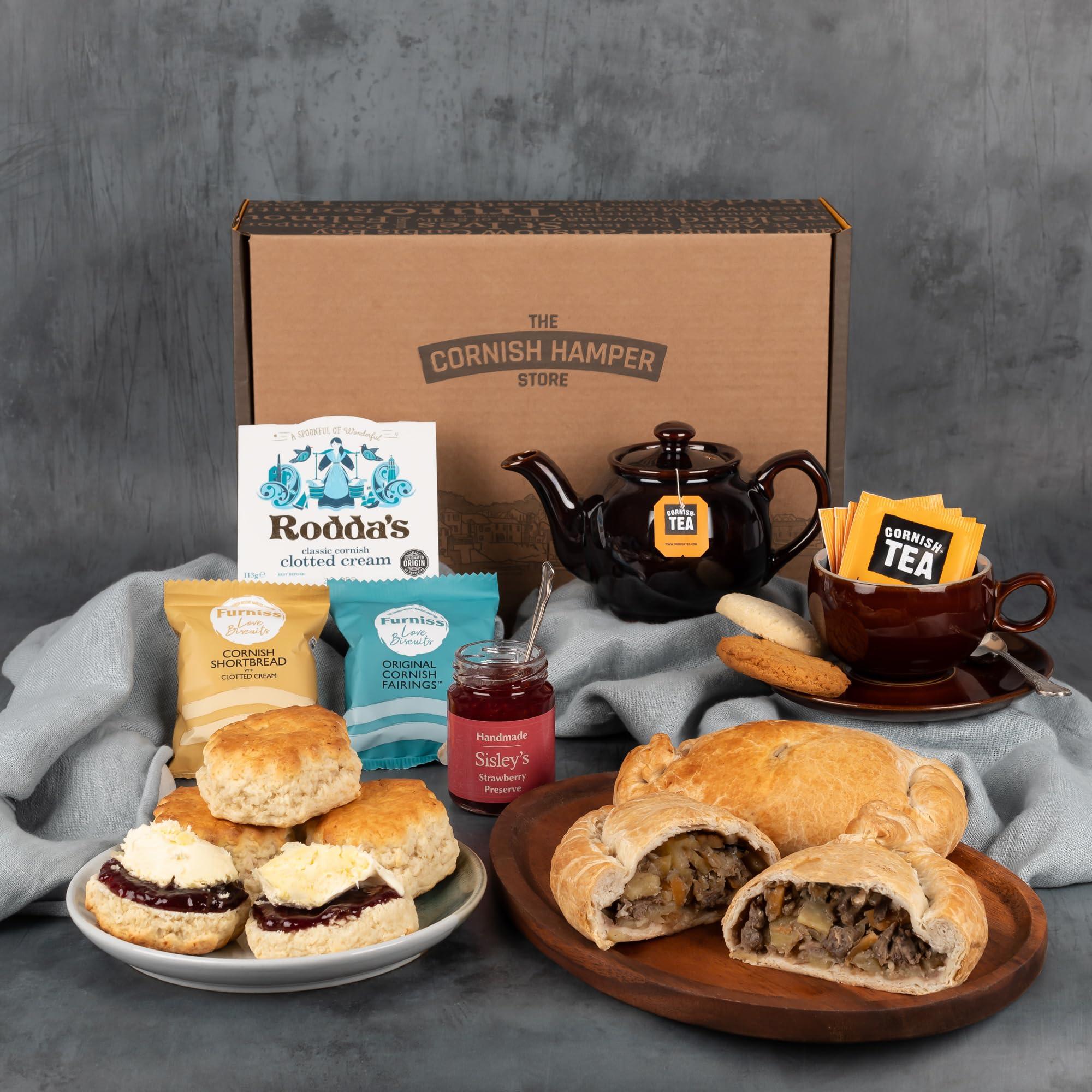The Cornish Hamper Store Traditional Cornish Cream Tea For 2, Afternoon Tea, Hamper, Fresh Scones, Tea, Jam, Roddas Clotted Cream Cornish Biscuits 2 Traditonal Steak Pasties - Gift for Dad, Gift For HIm, FathersDay