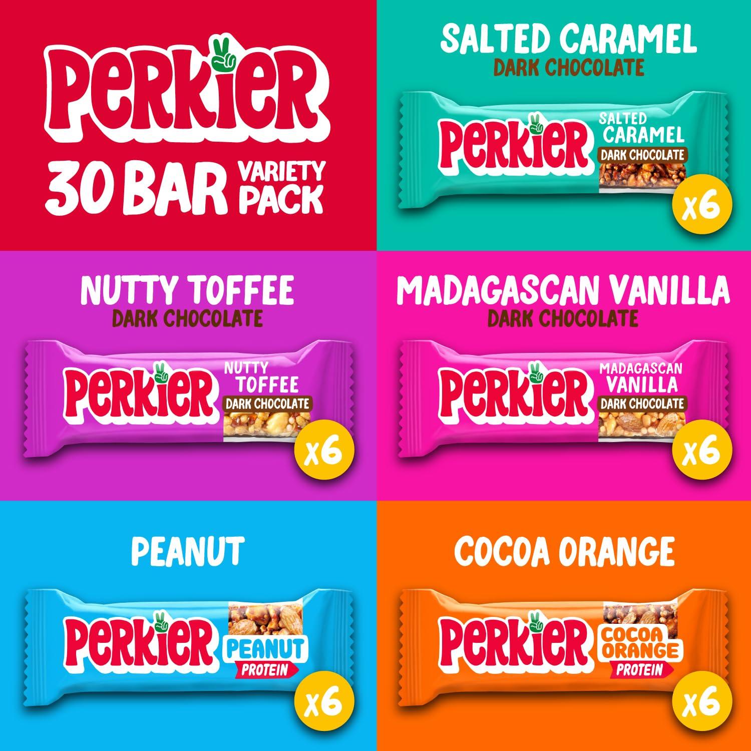 Perkier Perkier Variety Box (30 bars) Vegan - Gluten Free - Protein Packed - Lower Sugar - High Fibre - Snack Bars