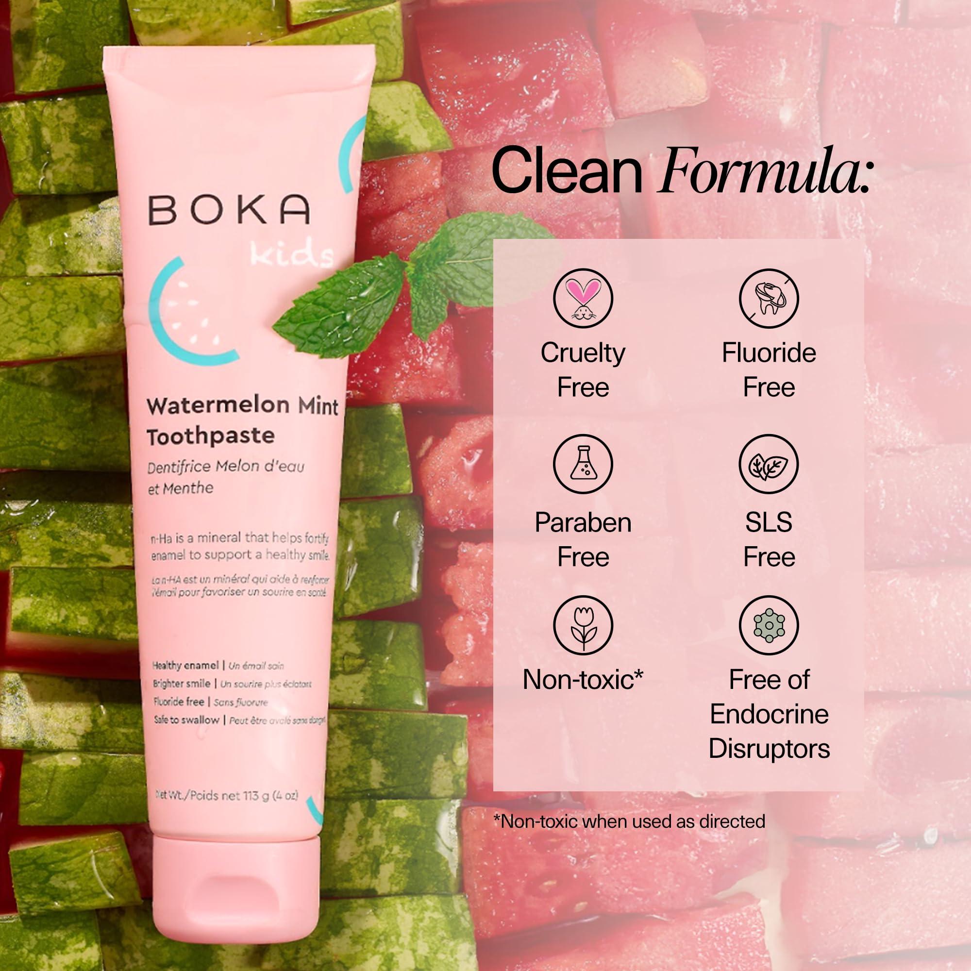 Boka Boka Natural Kids Toothpaste, Fluoride Free - Nano Hydroxyapatite for Remineralizing, Sensitive Teeth, & Whitening - Dentist Recommended Oral Care - Watermelon Mint, 120ml (Pack of 1) - Made in USA