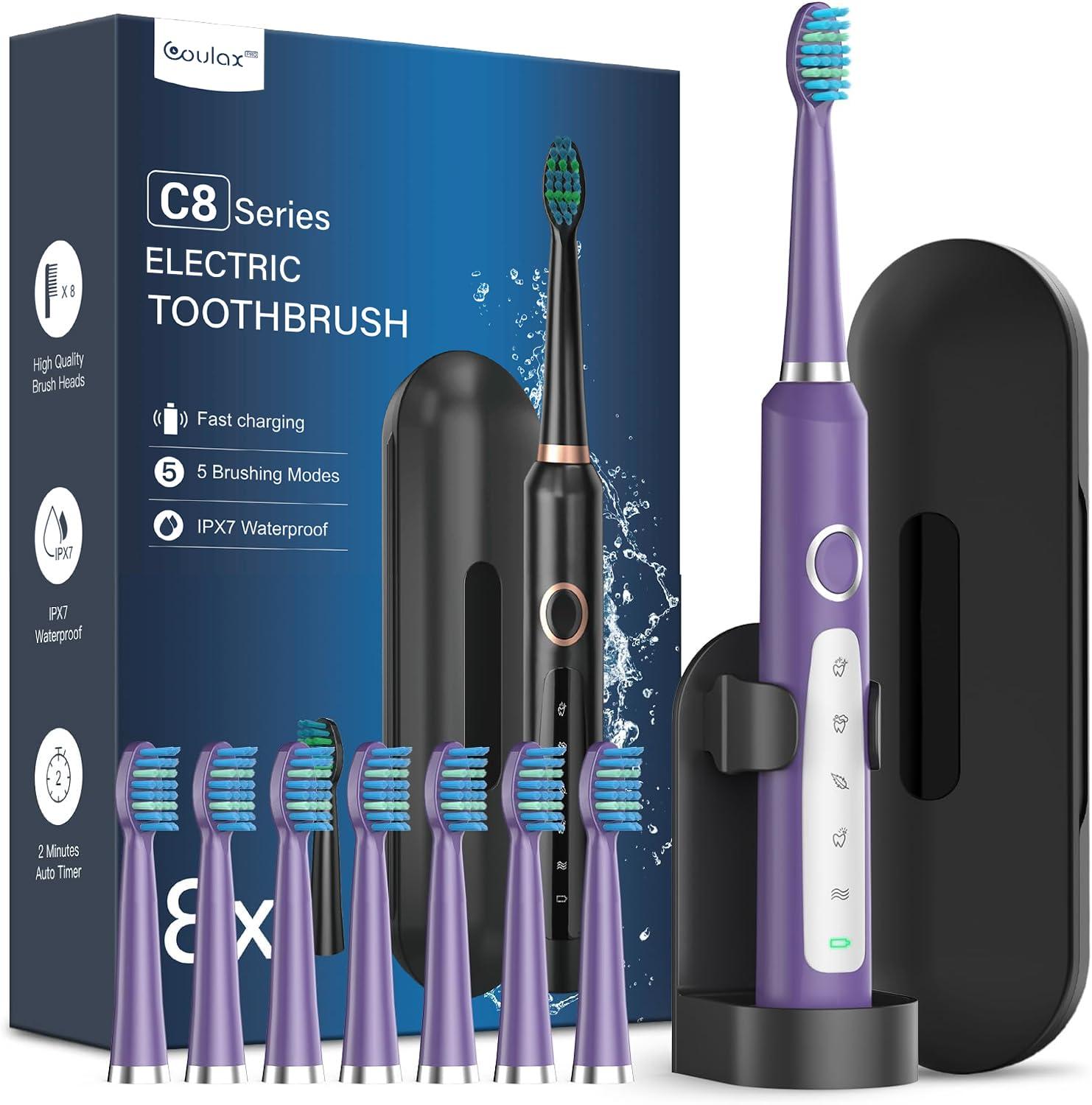 COULAX Sonic Electric Toothbrush for Adults and Kids - Sonic Toothbrushes with 8 Tooth Brush Replacement Head and 5 Brushing Modes, 120 Days of Use with 3-Hour Fast Charge, 2 Minute Smart Timer
