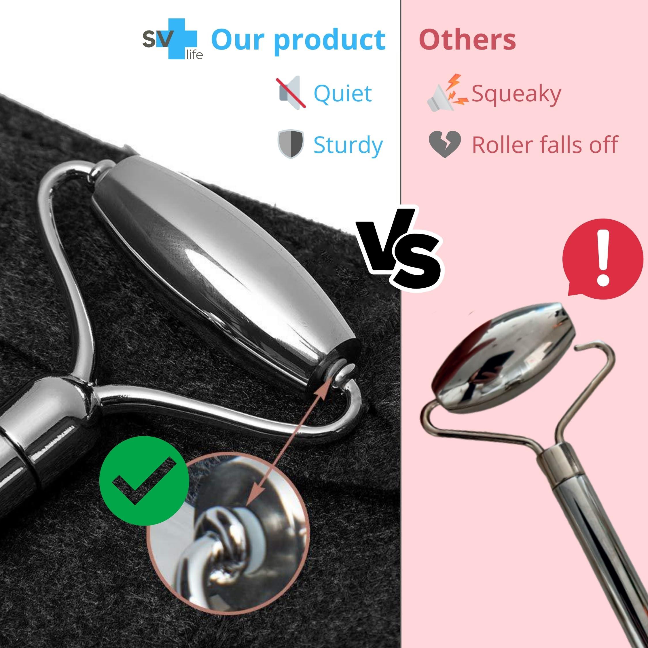 SV life Facial Roller + Gua Sha Stone Set 304 Stainless Steel | Metal Tools Kit for Body Massage, Face, Eyes, Chin, Back, Cellulite Legs | GuaSha Cold Effect Roller