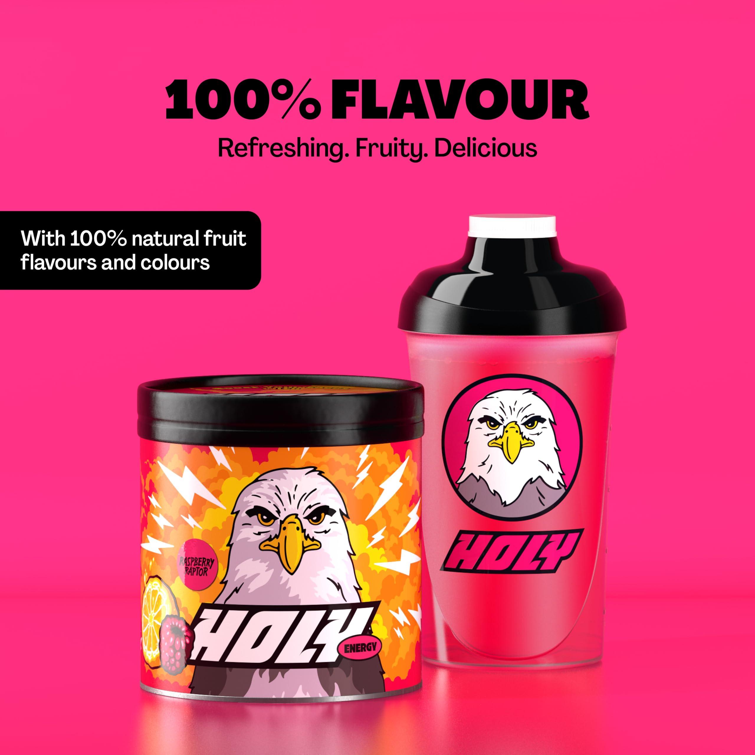 Holy Energy HOLY Energy Gaming Booster Flavour Powder | 50 portions with NewCaff & Green Tea Extract | Focus Booster - Focus Drink | Vegan with 100% natural fruit flavours (350 grams, Raspberry Raptor)