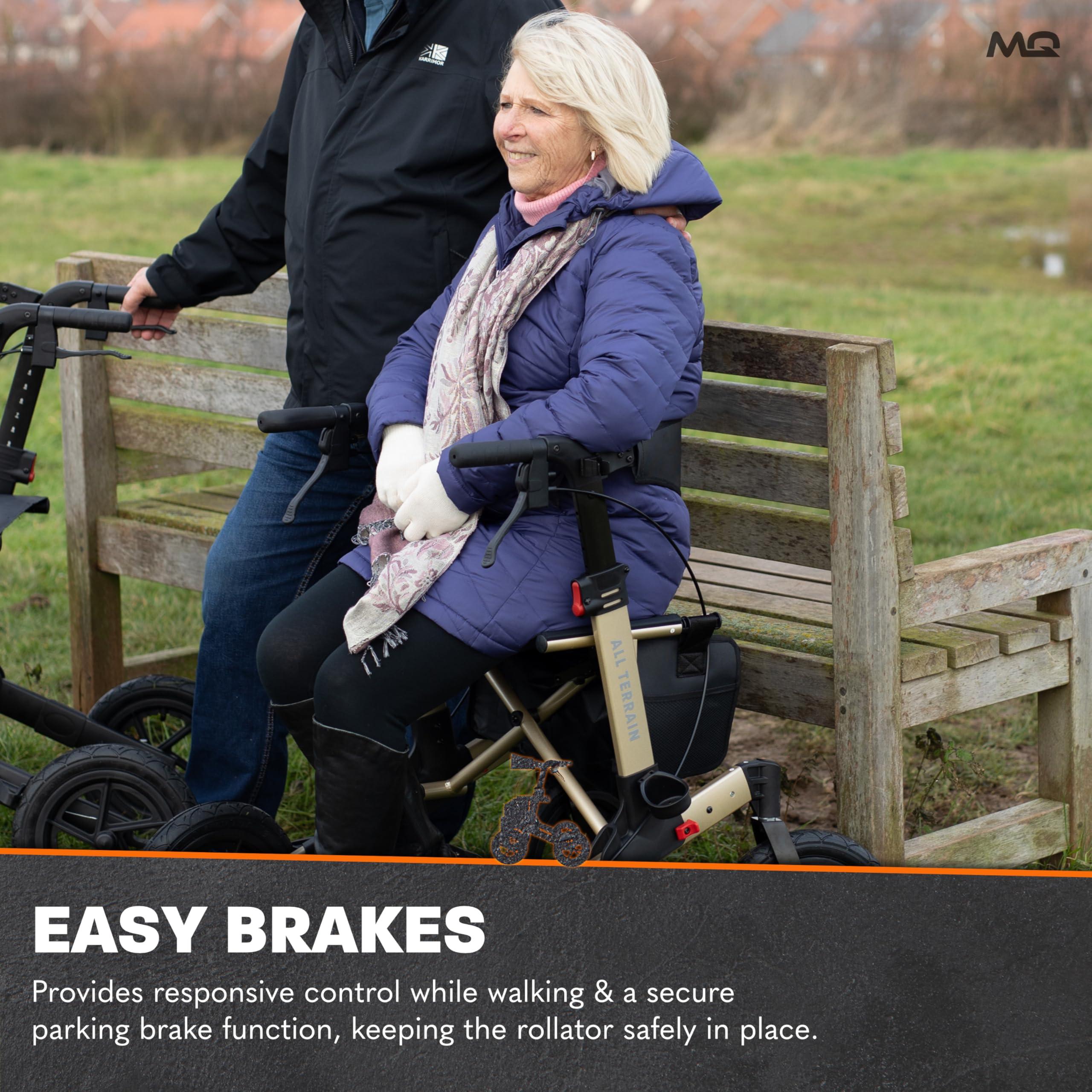 MobiQuip MobiQuip All Terrain 4 Wheel Walker with Seat, Folding Rollator with Large Wheels, Lightweight and Easy to Manoeuvre Over All Terrains, Walker for Adults Mobility or Walking Aid (Champagne)