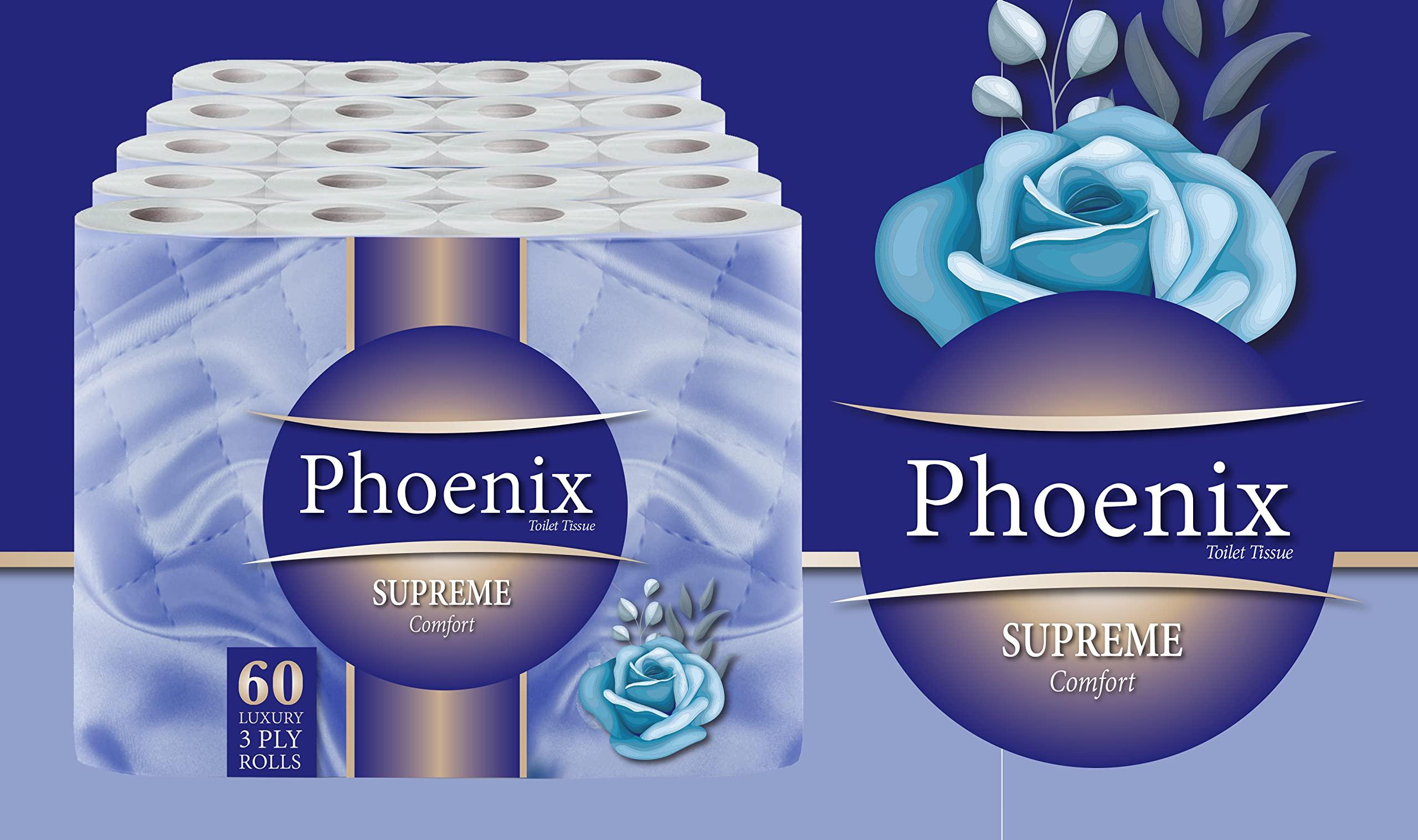 Phoenix 60 Phoenix Soft Supreme Luxury Toilet Rolls Bulk Buy - Quilted White 3 Ply Toilet Paper - Pack of 60 Toilet Tissue (12 x 5 Packs)