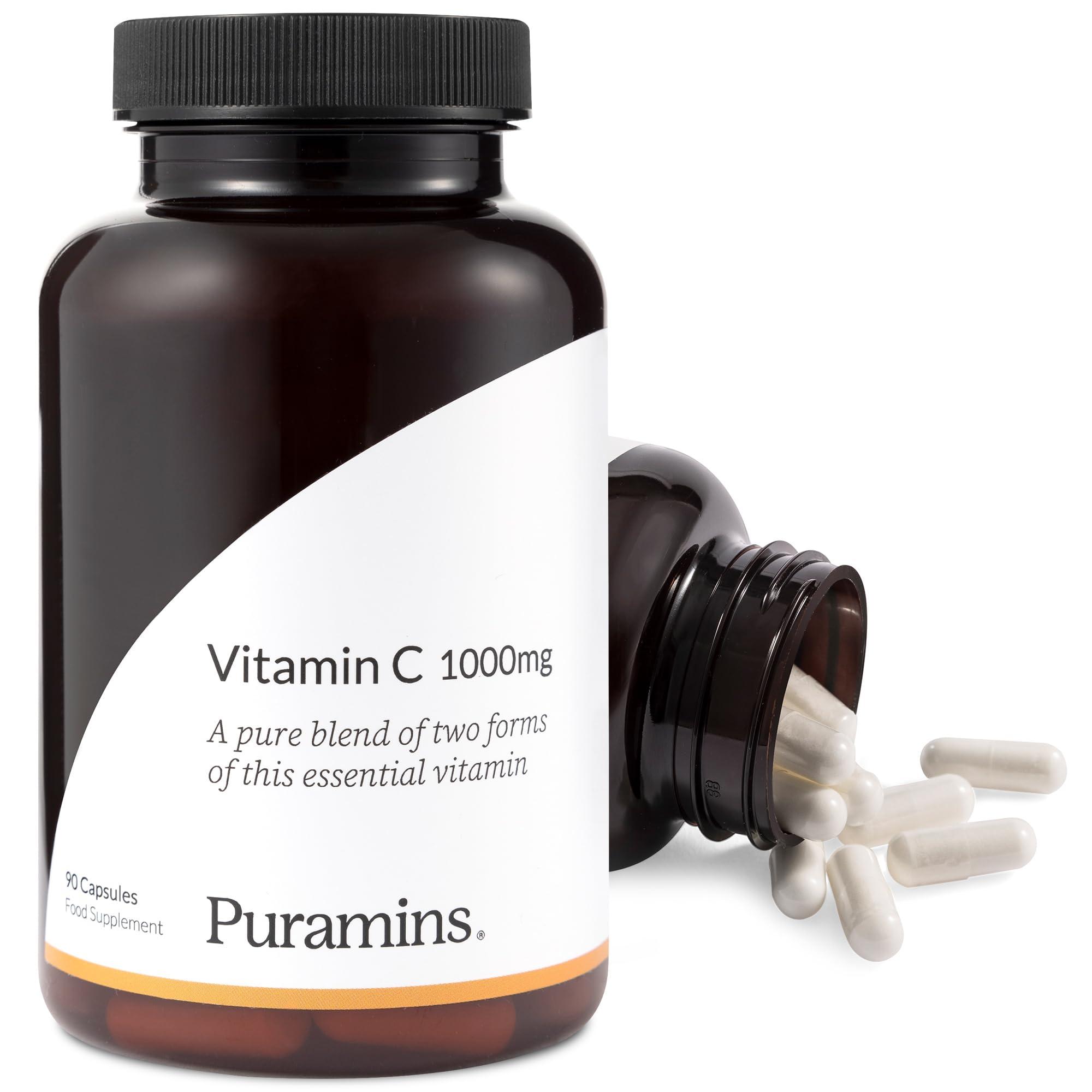 puramins Vitamin C 1000mg, Pure High Strength Vitamin C Capsules with No Additives, Fillers or Binders, Ascorbic Acid and Sodium Ascorbate Powder Complex Supplement, 90 Vegan Capsules, Made in UK by Puramins