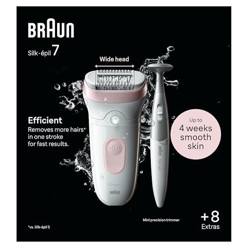 Braun Braun Silk-pil 7 Epilator with Wide Head for Easy Hair Removal, Braun Epilator for Women, Wet & Dry, Lasting Smooth Skin, Bikini Trimmer Women, 7-210, White/Flamingo