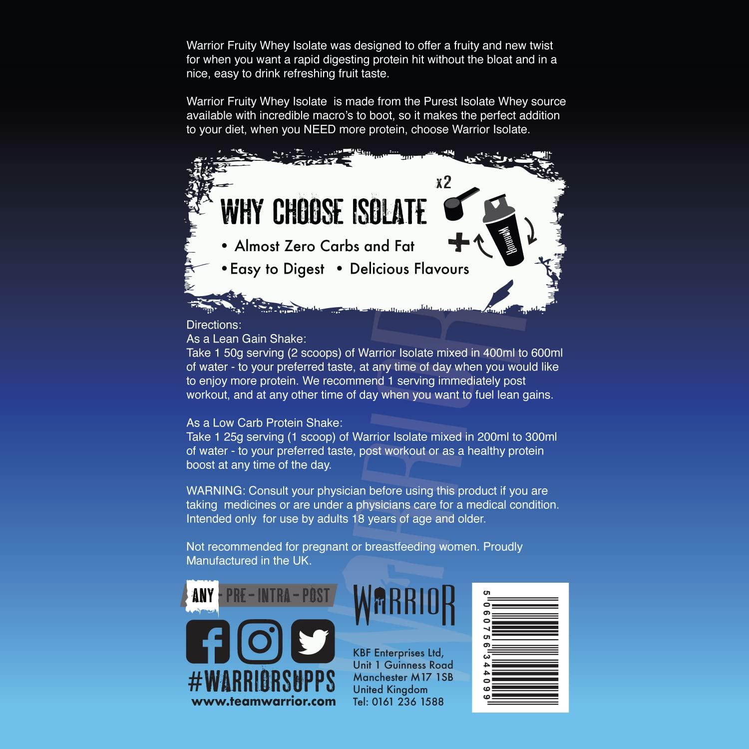 Warrior Warrior Fruity Clear Whey Isolate Rapid Digesting Protein Powder Refreshingly Fruit Flavoured Shakes Easy to Drink & Consume Post Workout, Low Sugar, 15 Servings (Blue Raspberry, 375g)