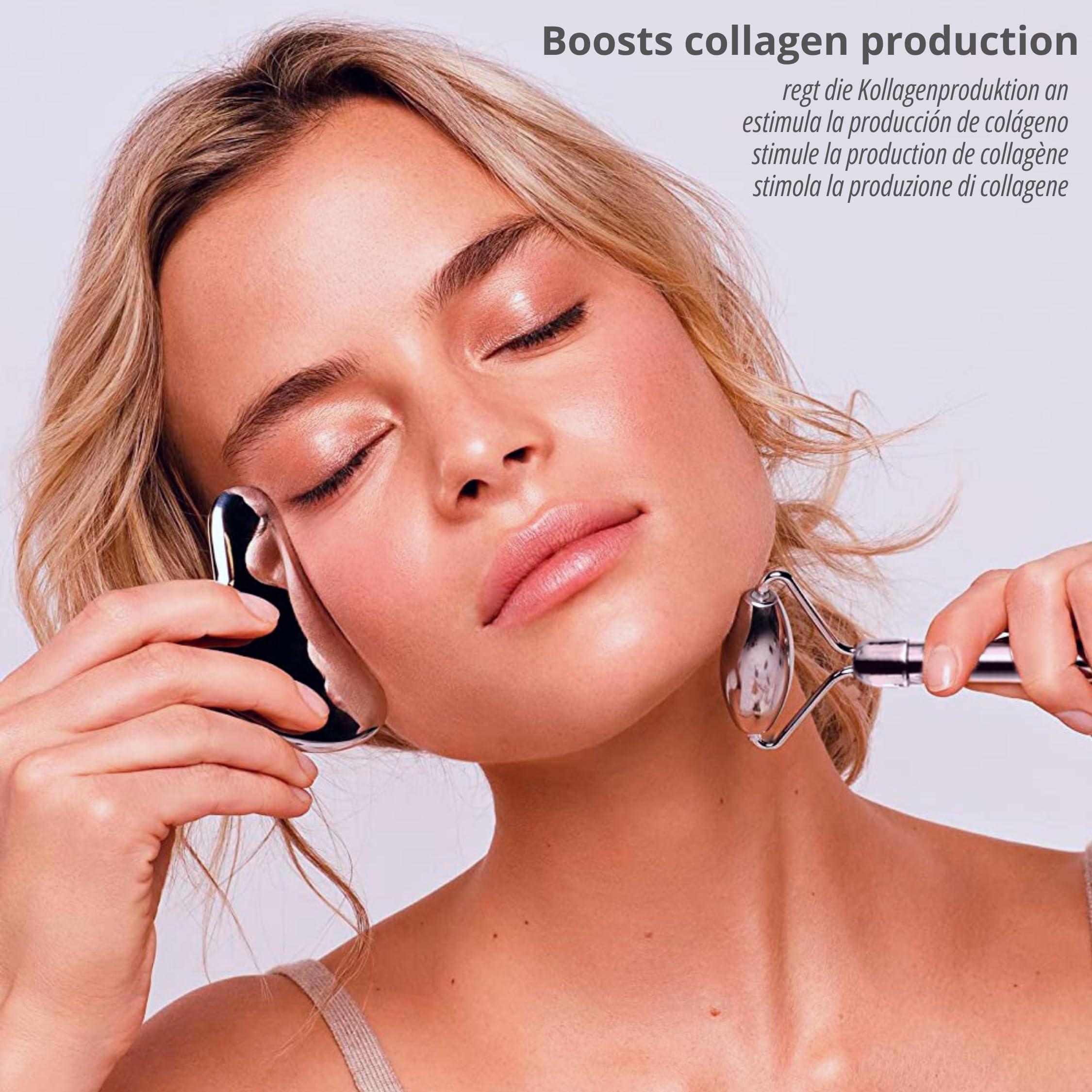 SV life Facial Roller + Gua Sha Stone Set 304 Stainless Steel | Metal Tools Kit for Body Massage, Face, Eyes, Chin, Back, Cellulite Legs | GuaSha Cold Effect Roller