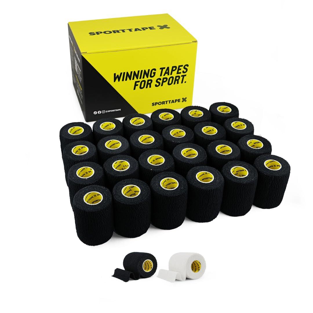 SPORTTAPE Box of 24 Rolls - SPORTTAPE EAB Tape | 7.5cm x 4.5m - Black - Tearable Elastic Adhesive Bandage | Rugby Lifting Tape, Tear Light Strapping Tape | Medical, Lifting Blocks, Knee Strapping, Elbow & Wrist