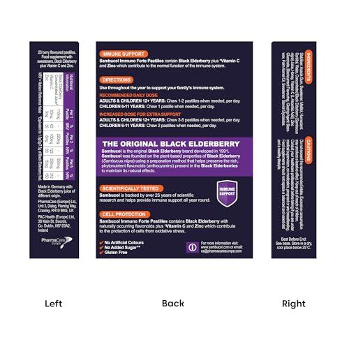 Sambucol Sambucol Natural Black Elderberry Immuno Forte Chewable Pastilles | Vitamin C | Zinc | Immune Support Supplement | 20 pastilles