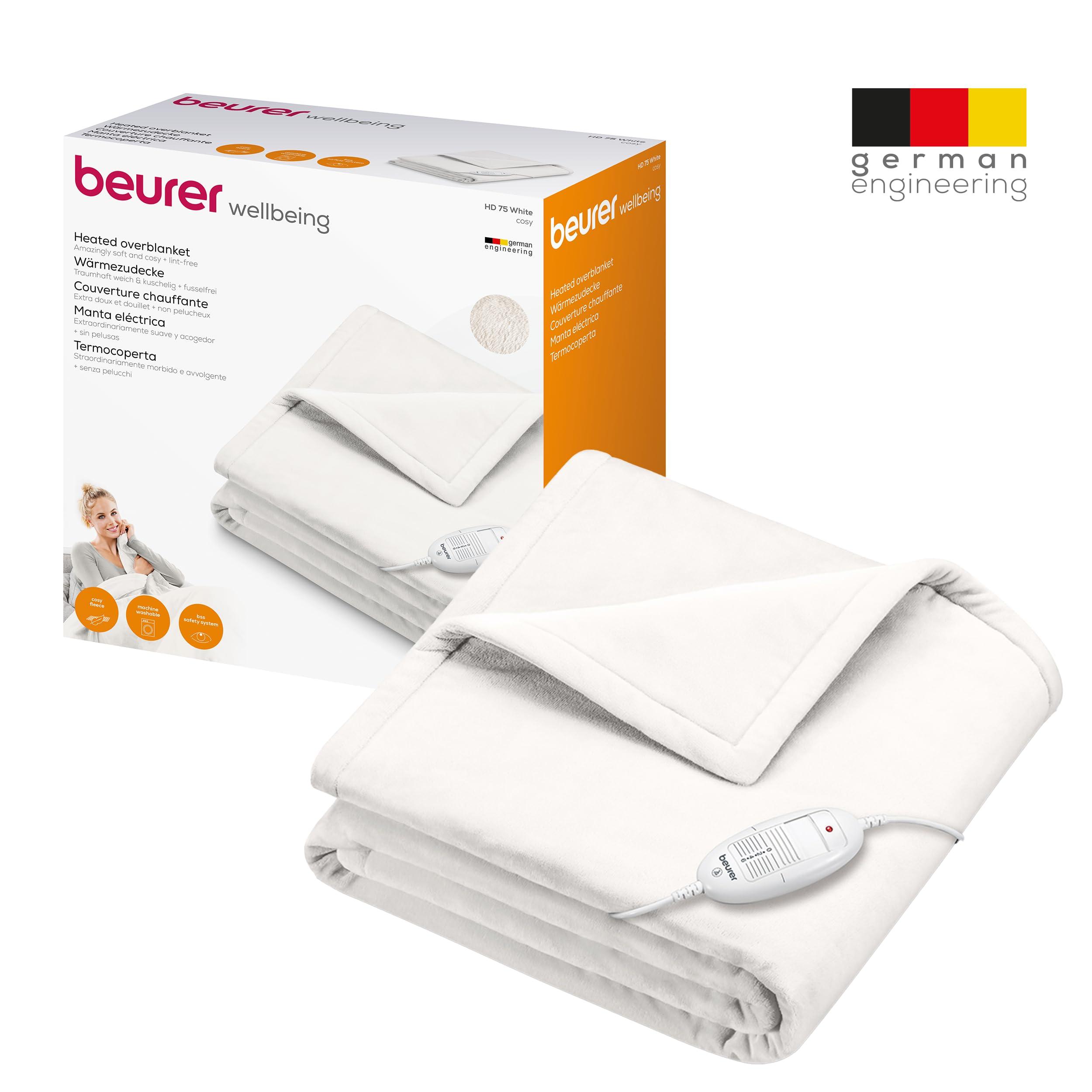 Beurer Beurer HD75UK Electric Throw - White | Breathable Heated Throw for Sofa and Bed | Heating Blanket with Ultra-Soft Fleece Fibres | Automatic Switch-Off | Machine-Washable | 180 x 130 cm