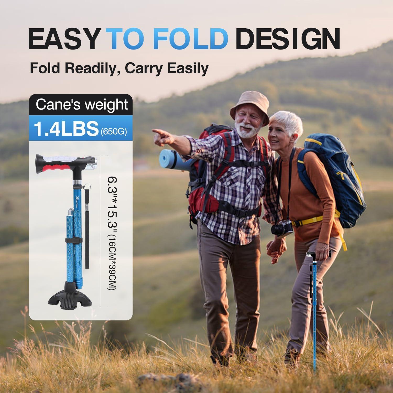 BeneCane BeneCane Walking Cane for Women Folding Cane for Men with Two Led Lights Quad Cane with Stable Base Lightweight and Adjustable Walking Stick (Blue)