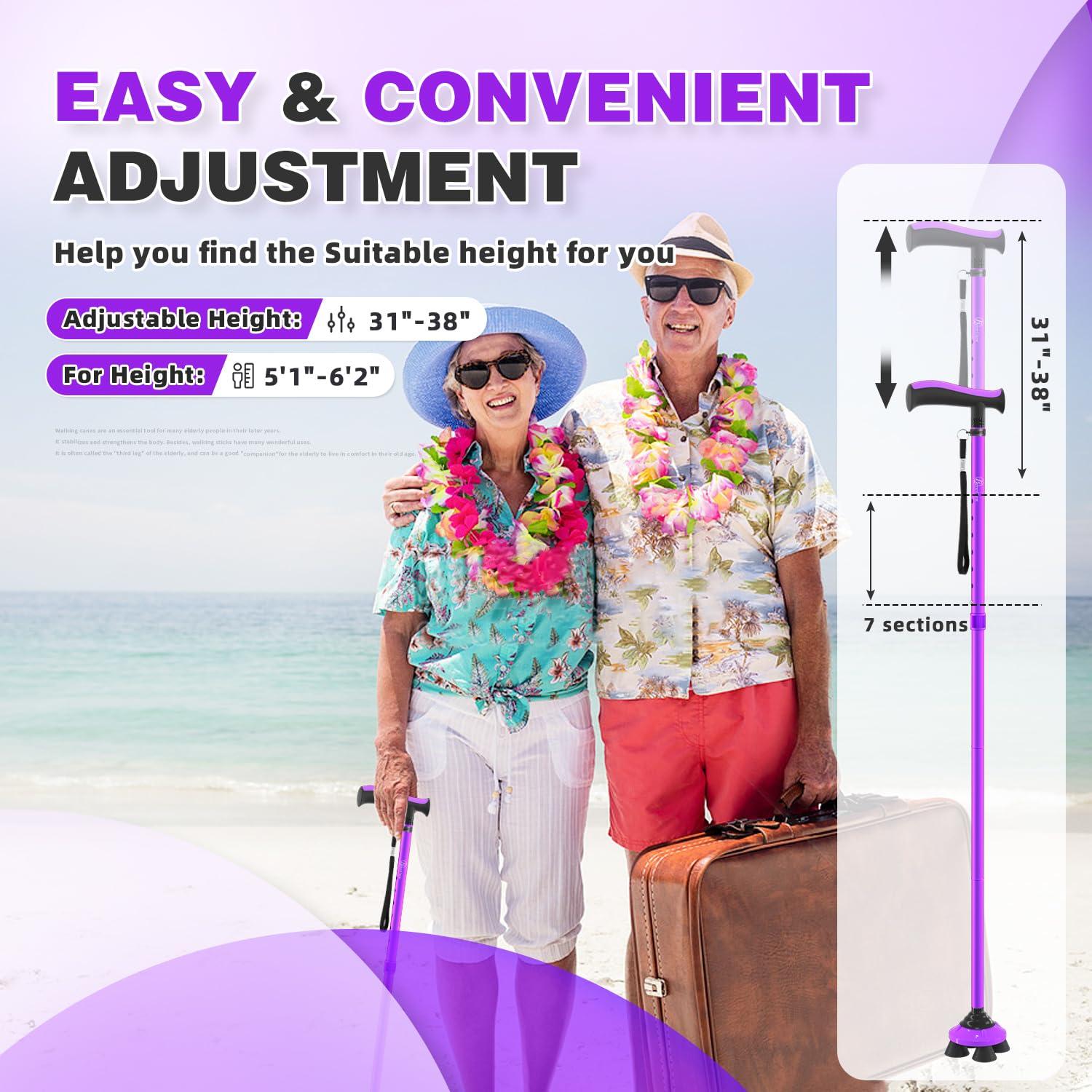 BeneCane BeneCane Walking Cane for Men & Women Walking Stick for Seniors Folding Canes Quad Cane Adjustable Lightweight Sturdy Free Standing Collapsible Heavy Duty with Soft TPR T-Handle and Travel Bag Purple