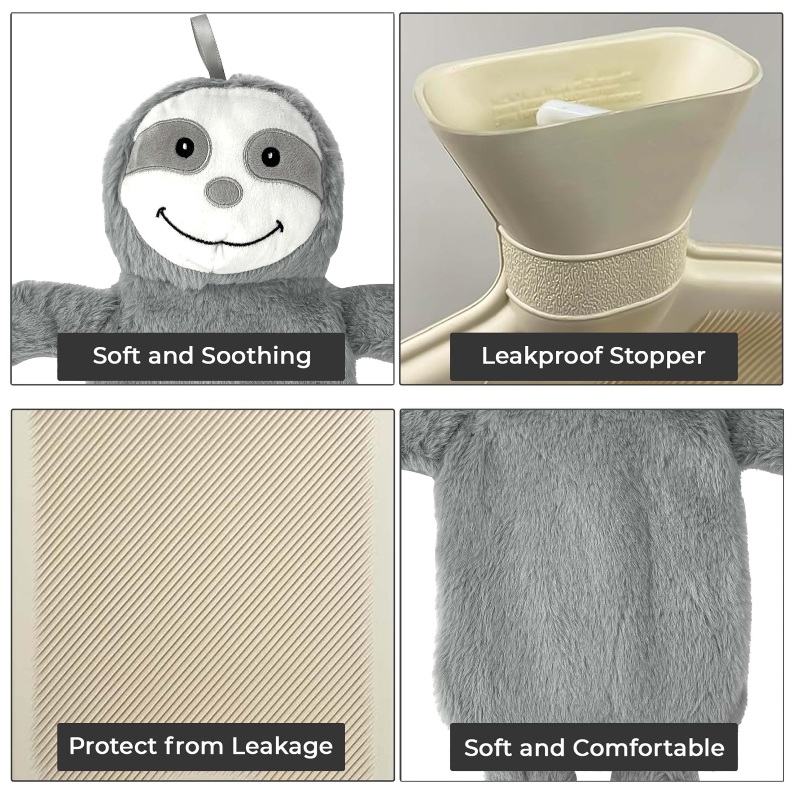 Crystals Crystals 1L or 2L Happy Sloth Hot Water Bottle - Natural Rubber for Longer Heat Hot Water Bag for Pain Relief on Aches or Injuries, Hand Feet Warmer, Neck and Shoulder Pain Relief (Extra Long 2L)