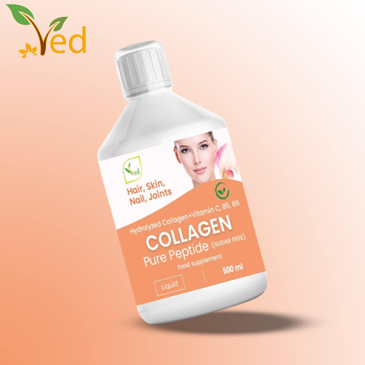 Ved Liquid Collagen Peptides Supplement, Faster Absorption Dietary Hydrolyzed Drink, Skin, Muscles, Hair, Nail Growth, for Women, Men, Unflavored 500 ml (Sugar Free)