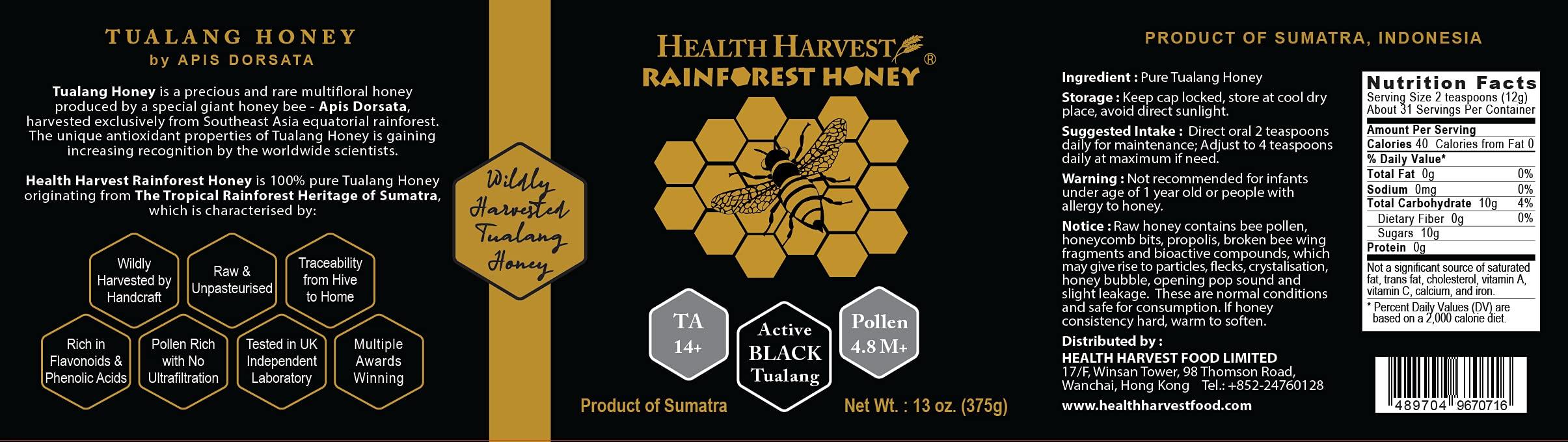 Health Harvest Premium Tualang Black Honey 375g (TA 14+, Pollen Count 4.8M+, Pollen Variety 150+) Intense Choice for Men Preservation, Wild-ripening on 250ft Treetop, Raw, Unpasteurised, Unfiltered