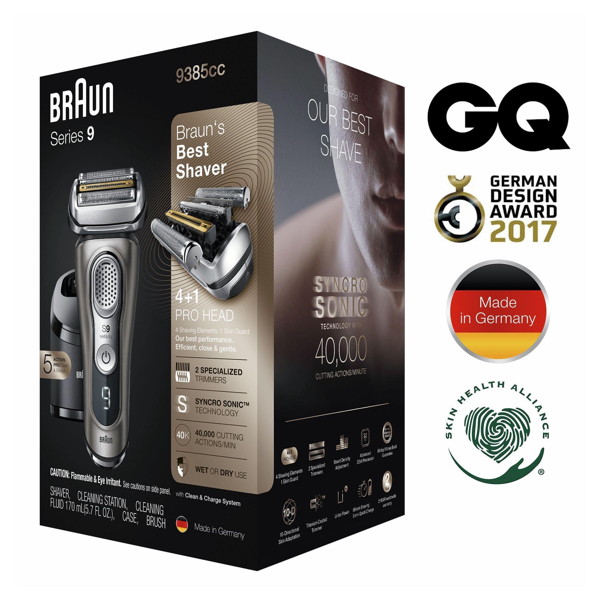 Braun Braun Series 9 Electric Shaver 5, Electric Razor for Men With Clean & Charge Station & Leather Case, Gifts For Him, 2 Pin Bathroom Plug, 9385cc, Graphite Razor