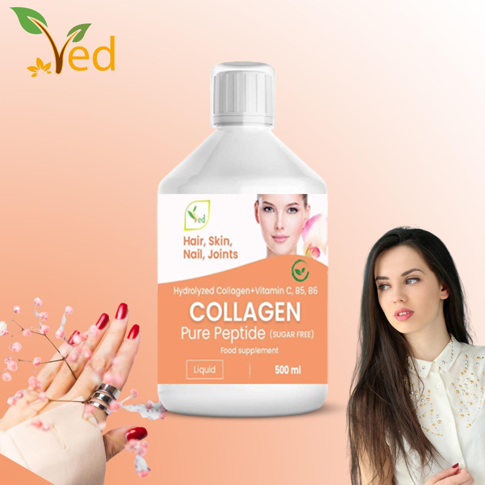 Ved Liquid Collagen Peptides Supplement, Faster Absorption Dietary Hydrolyzed Drink, Skin, Muscles, Hair, Nail Growth, for Women, Men, Unflavored 500 ml (Sugar Free)